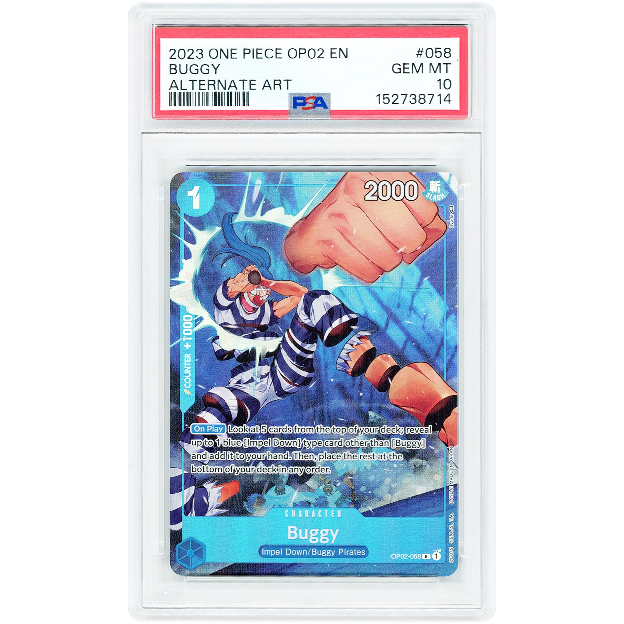Buggy 2023 One Piece Paramount War Alternate Art #OP02-058 PSA Authenticated 10 Card