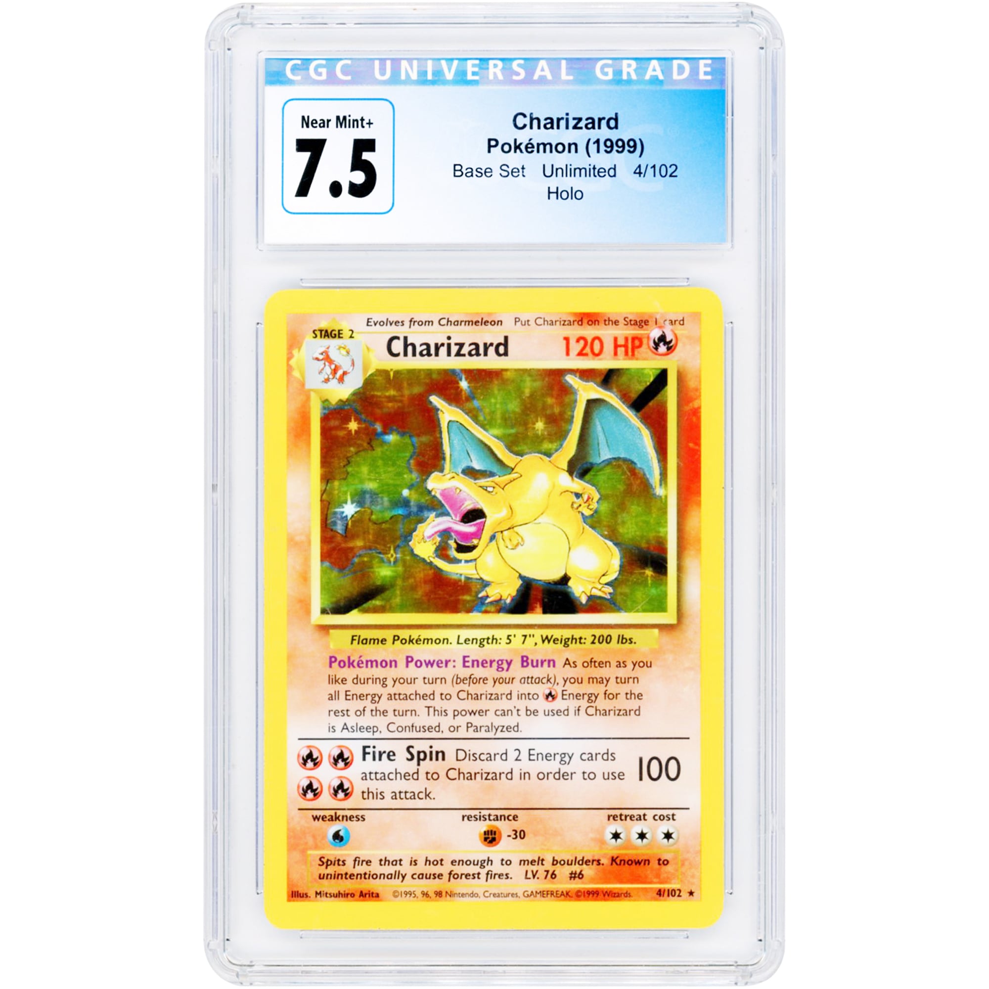 Charizard 1999 Pokemon Base Set Holo Rare #4 CGC Authenticated 7.5 Card