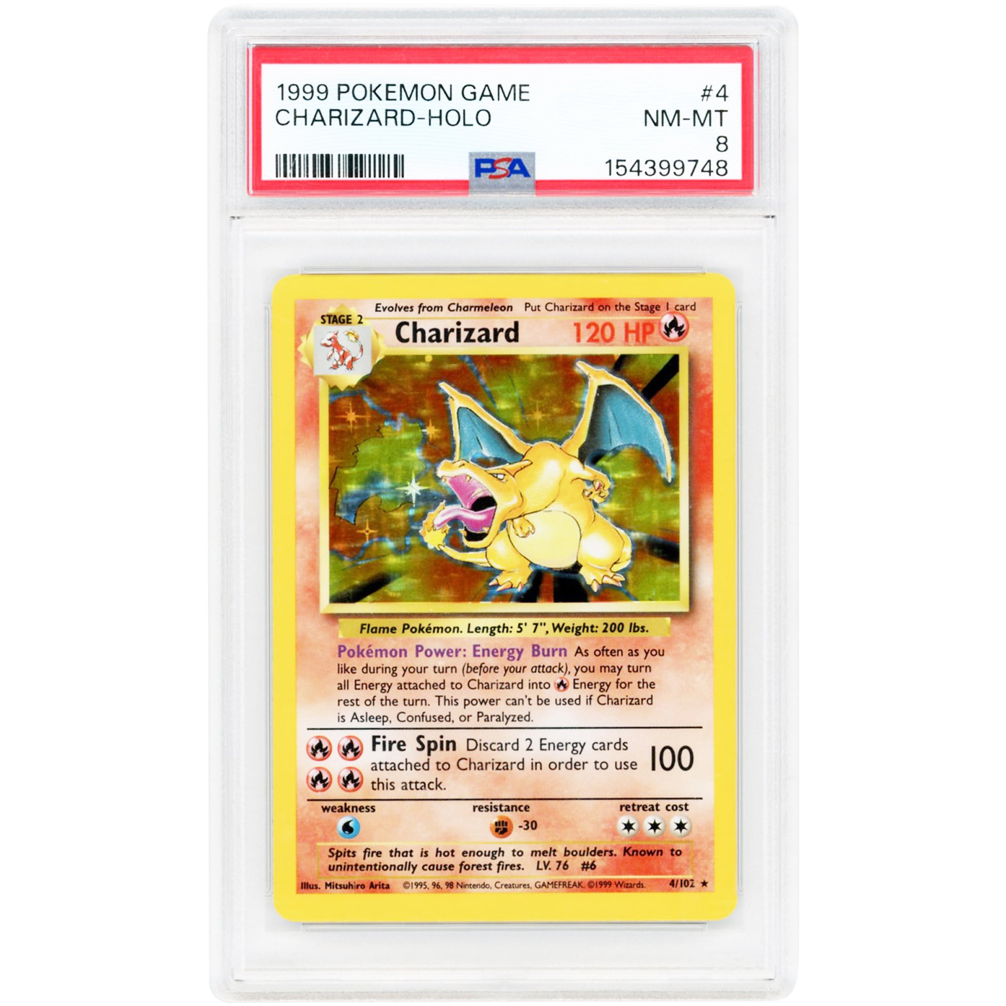 Charizard 1999 Pokemon Base Set Unlimited Holo Rare #4 PSA Authenticated 8 Card