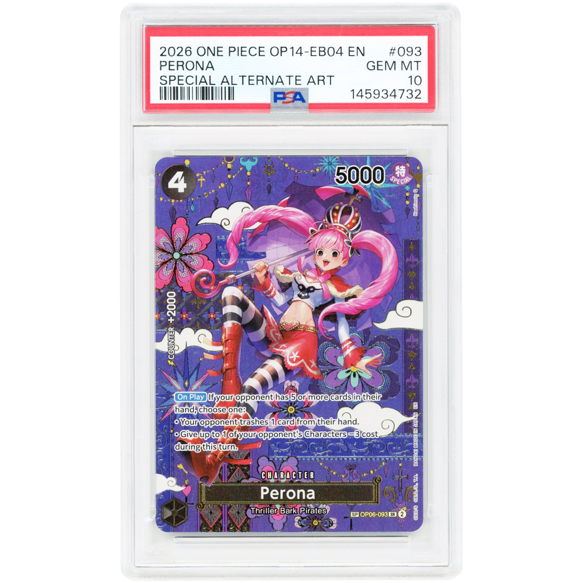 Perona 2026 One Piece The Azure Sea's Seven Special Alternate Art #OP06-093 PSA Authenticated 10 Card