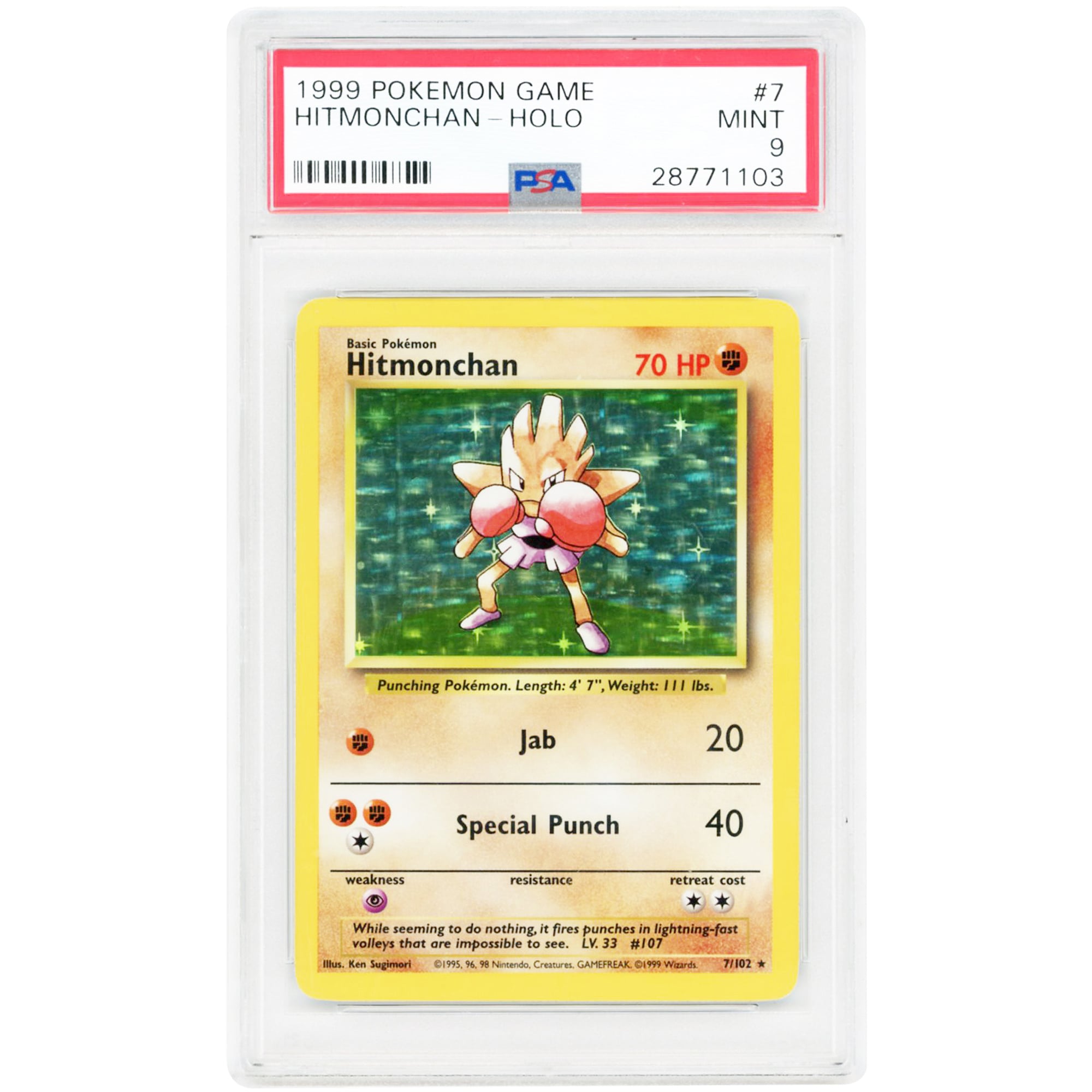 Hitmonchan 1999 Pokemon Base Set Holo Rare #7 PSA Authenticated 9 Card