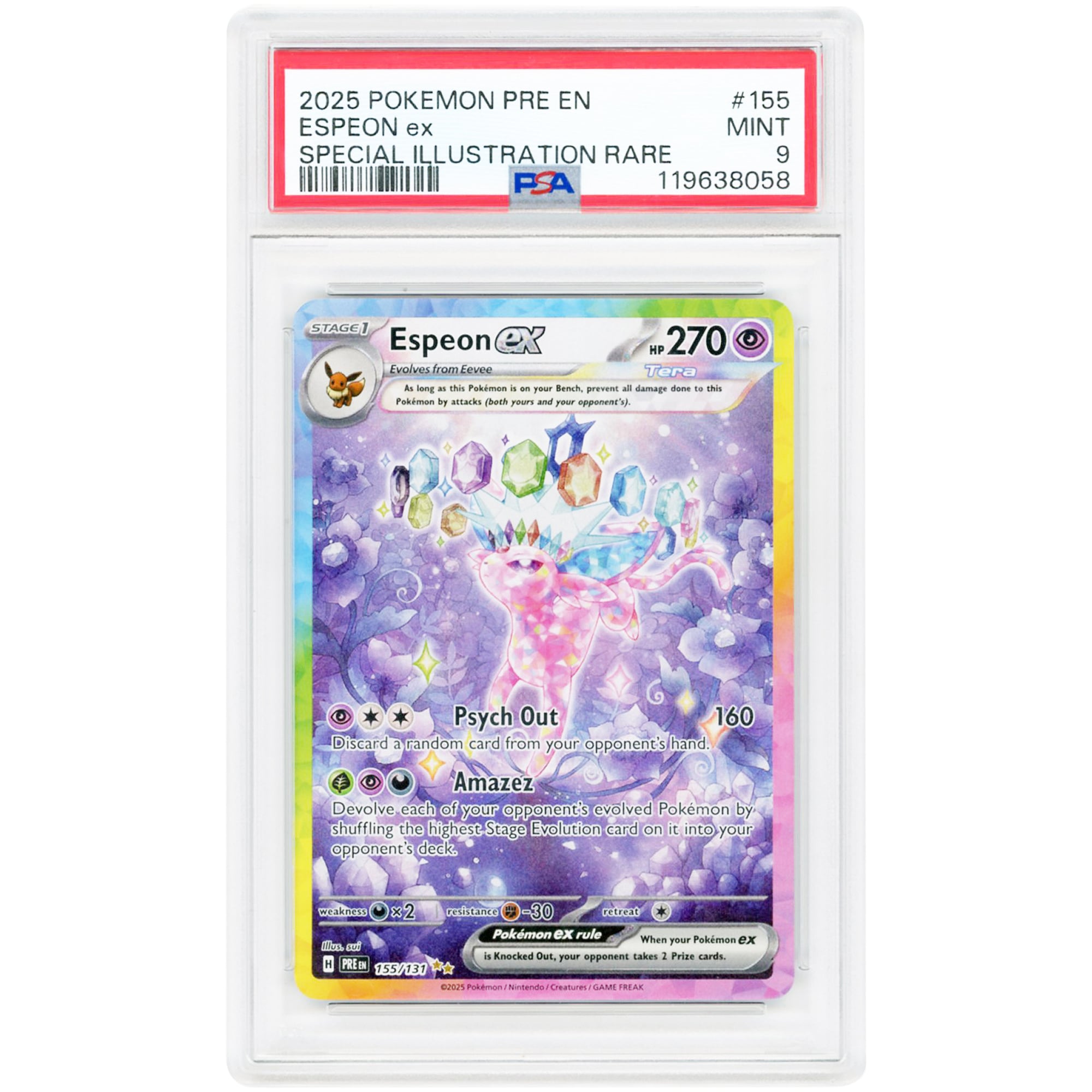 Espeon ex 2025 Pokemon Prismatic Evolutions Special Illustration Rare #155 PSA Authenticated 9 Card