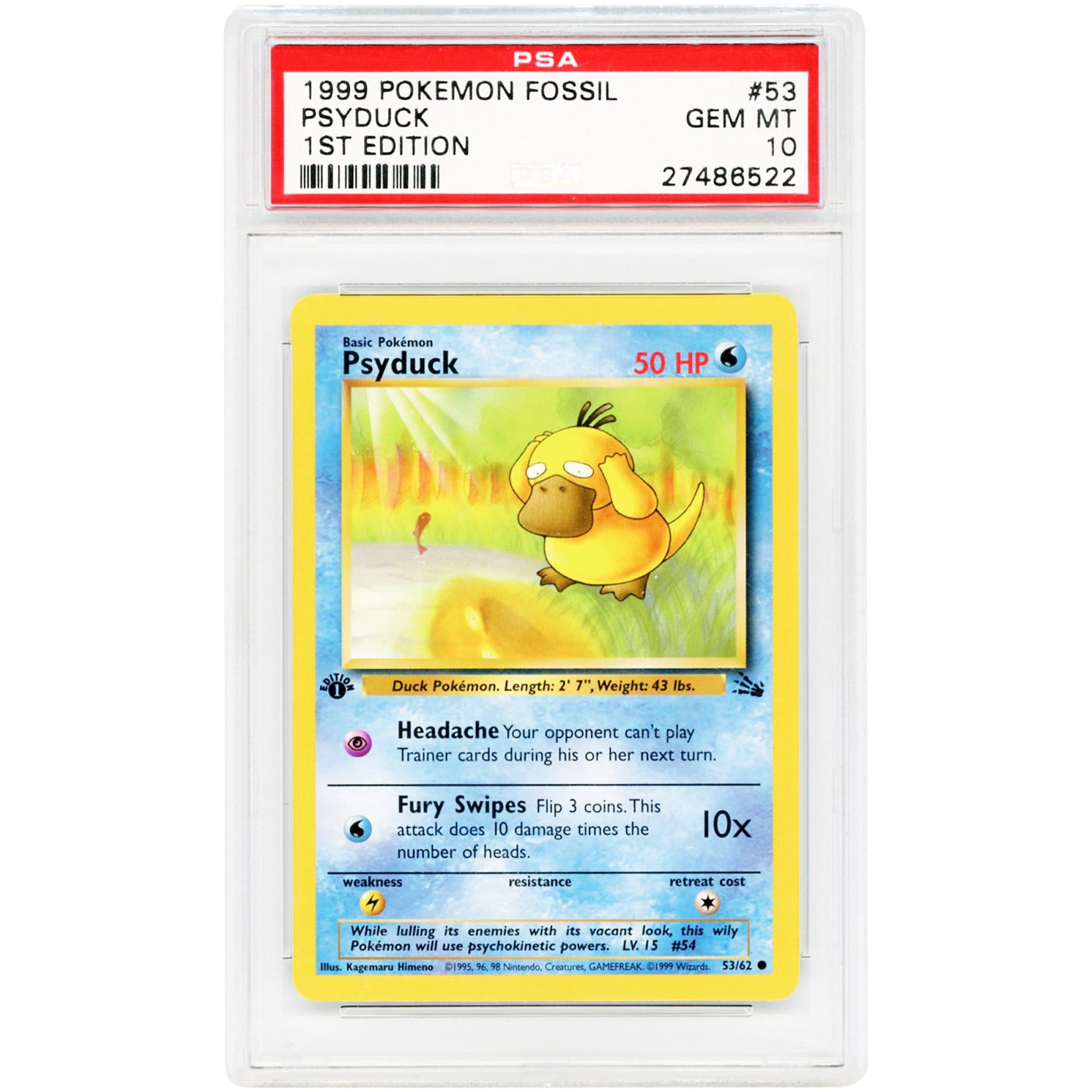 Psyduck 1999 Pokemon Fossil 1st Edition Common #53 PSA Authenticated 10 Card