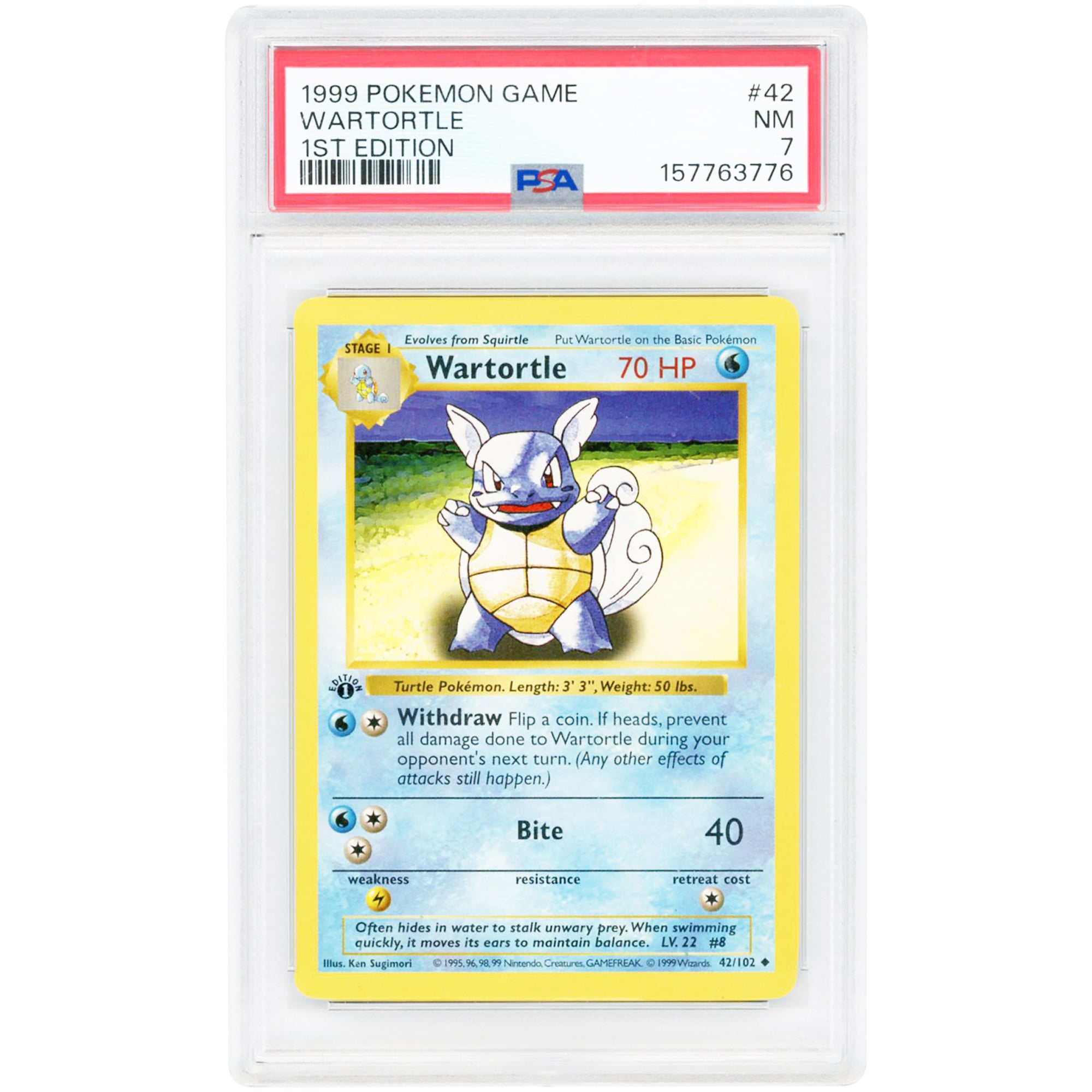Wartortle 1999 Pokemon Base Set 1st Edition Shadowless Uncommon #42 PSA Authenticated 7 Card