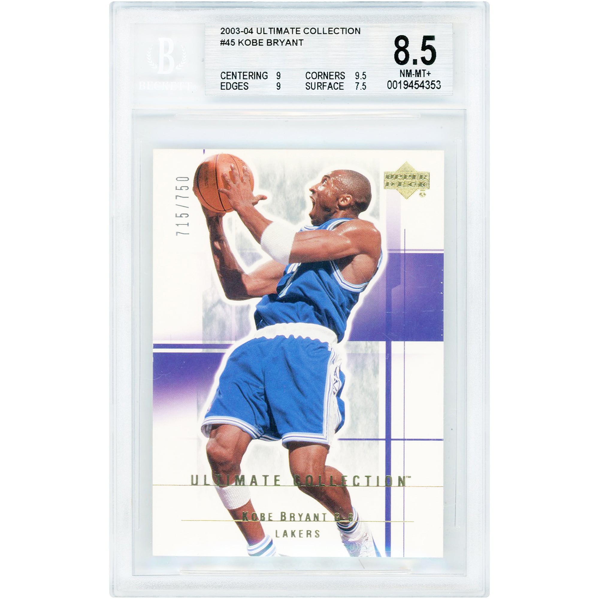 Kobe Bryant Los Angeles Lakers 2003-04 Upper Deck Ultimate Collection #45 #715/750 BGS Authenticated 8.5 Card - 9,9.5,9,7.5 Subgrades. rookie card picture