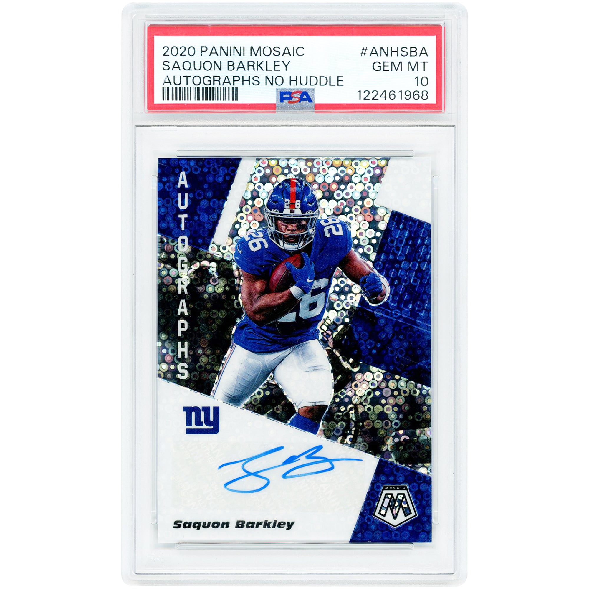 Saquon Barkley New York Giants Autographed 2020 Panini Mosaic No Huddle Prizm #ANH-SBA PSA Authenticated 10 Card