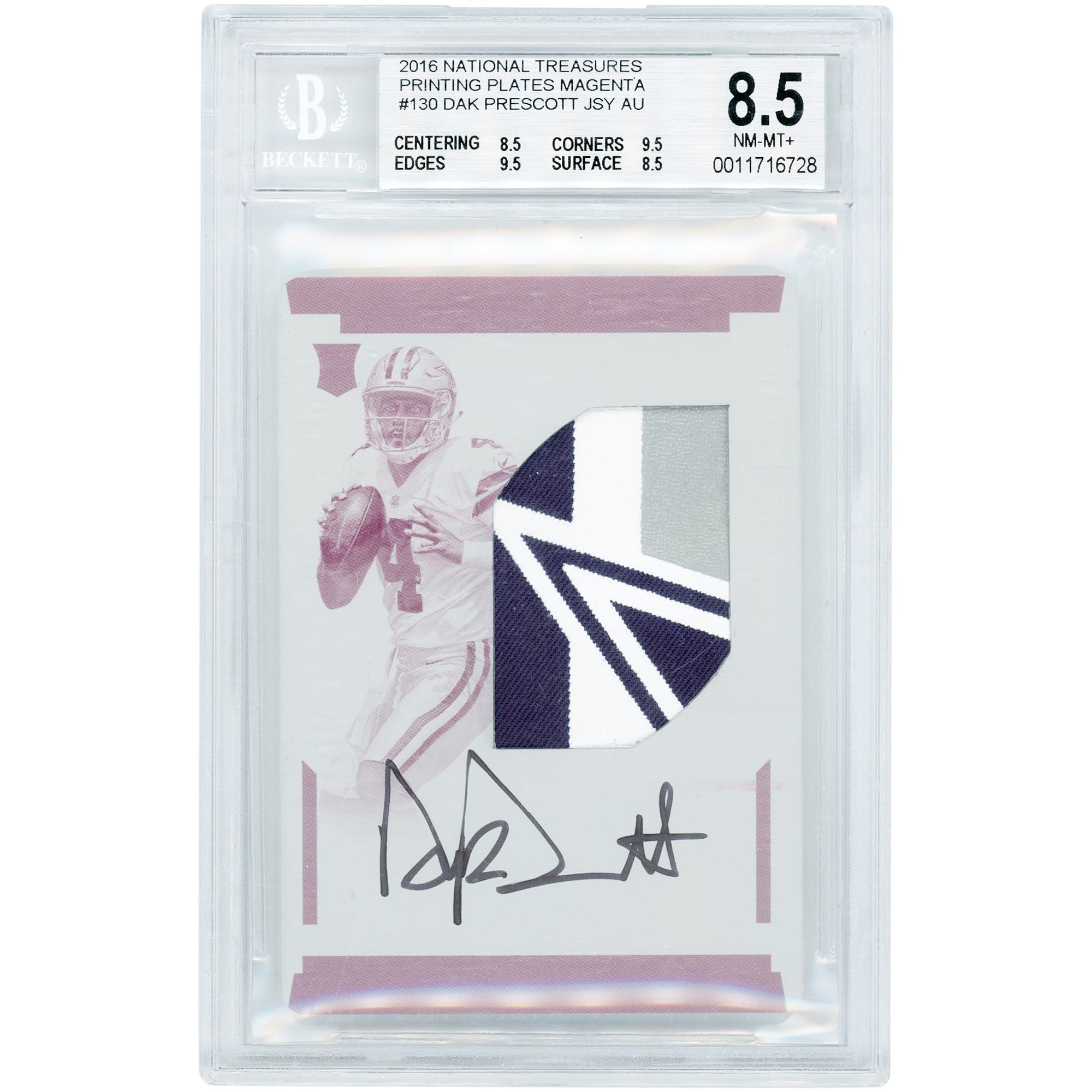 Dak Prescott Dallas Cowboys Autographed 2016 Panini National Treasures Tri-Color Logo Relic RPA Printing Plate #130 #1/1 BGS Authenticated 8.5/10 Rookie Card
