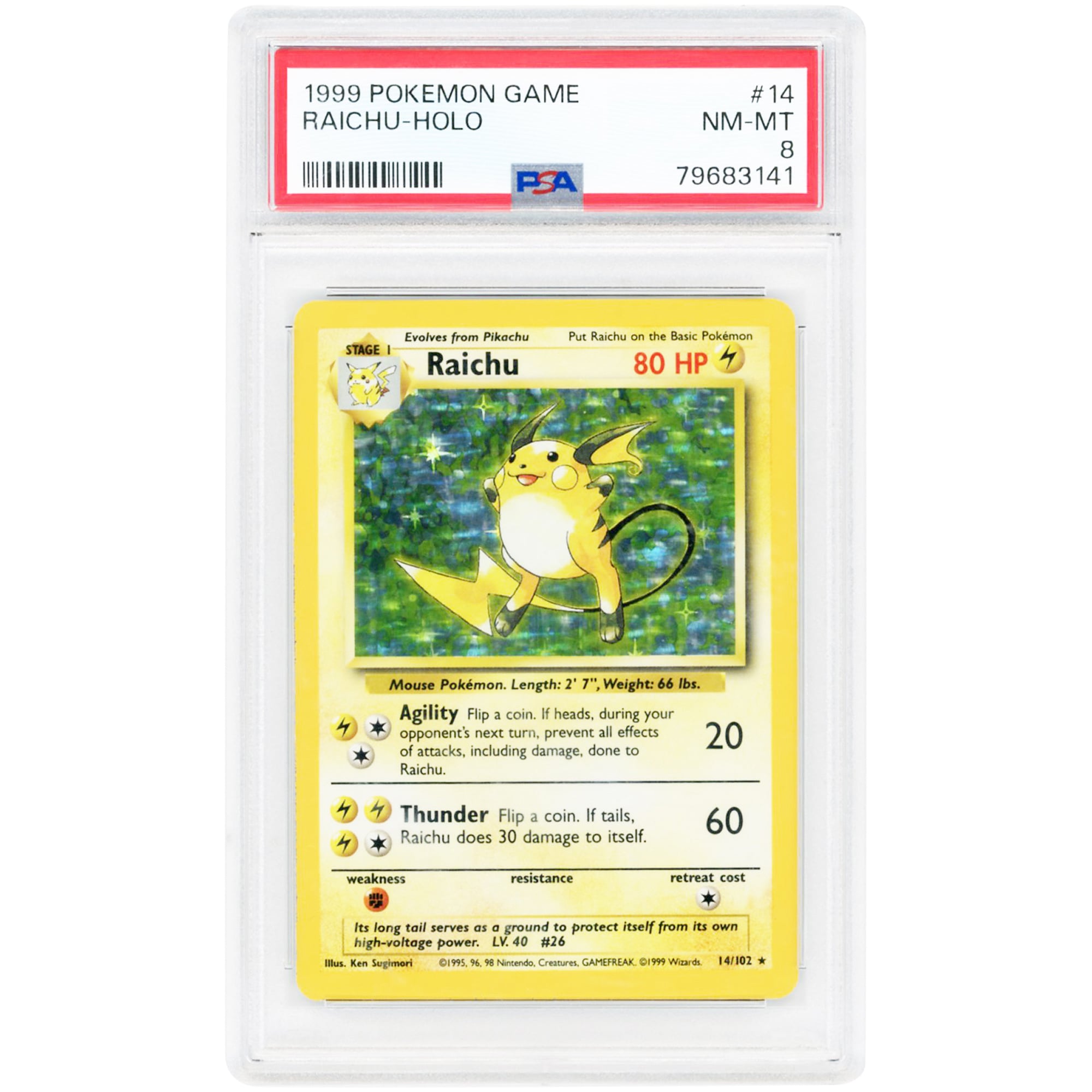 Raichu 1999 Pokemon Base Set Holo Rare #14 PSA Authenticated 8 Card