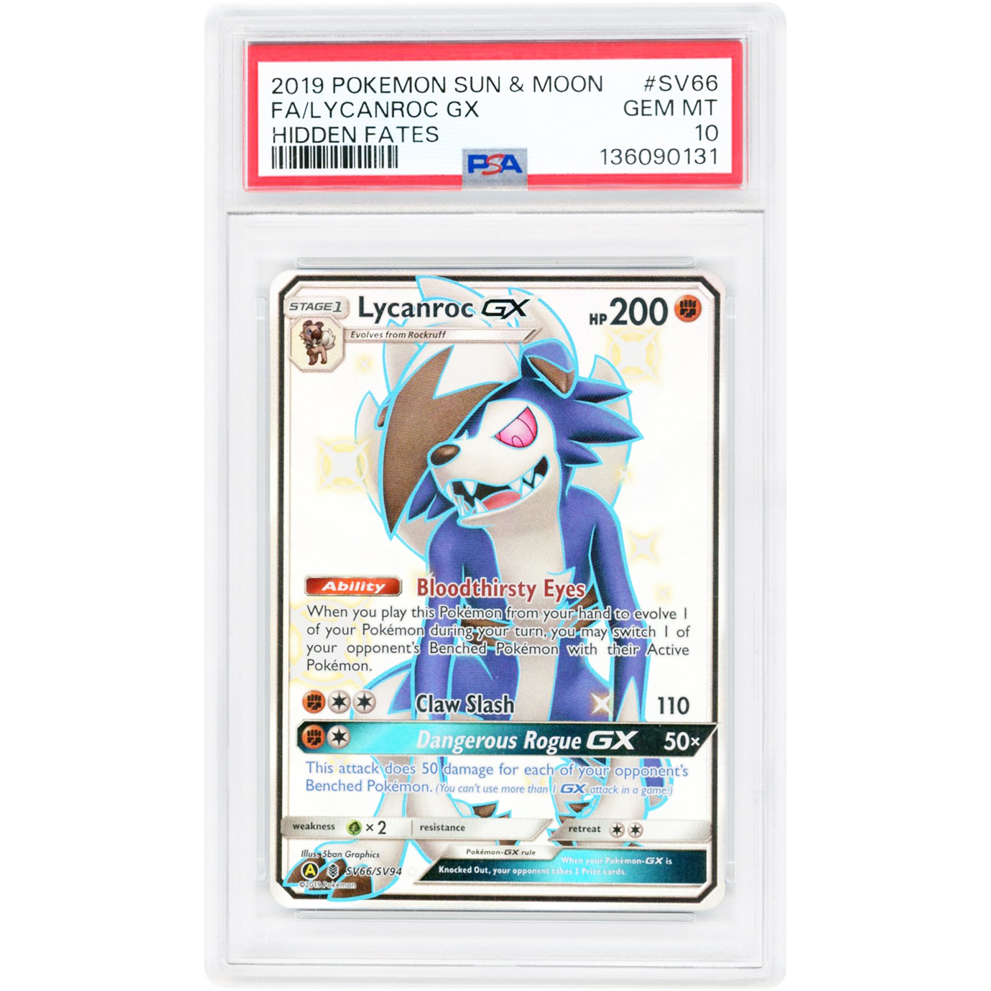 Lycanroc GX 2019 Pokemon Hidden Fates Shiny Vault Shiny Holo Rare #SV66 PSA Authenticated 10 Card