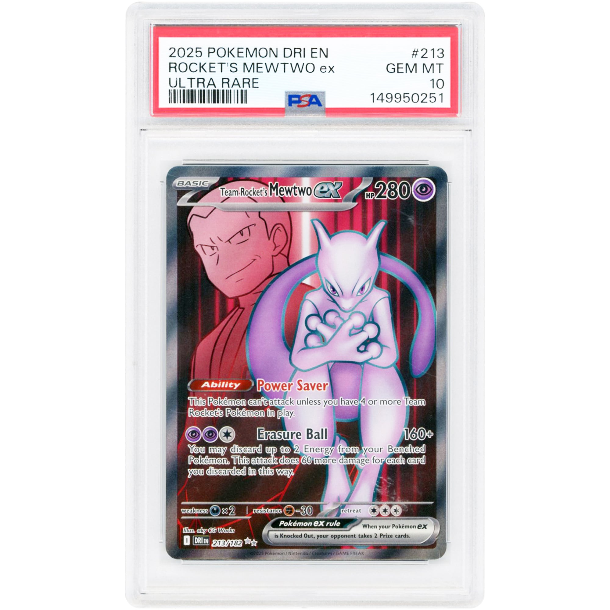 Team Rocket's Mewtwo ex 2025 Pokemon Destined Rivals Ultra Rare #213 PSA Authenticated 10 Card