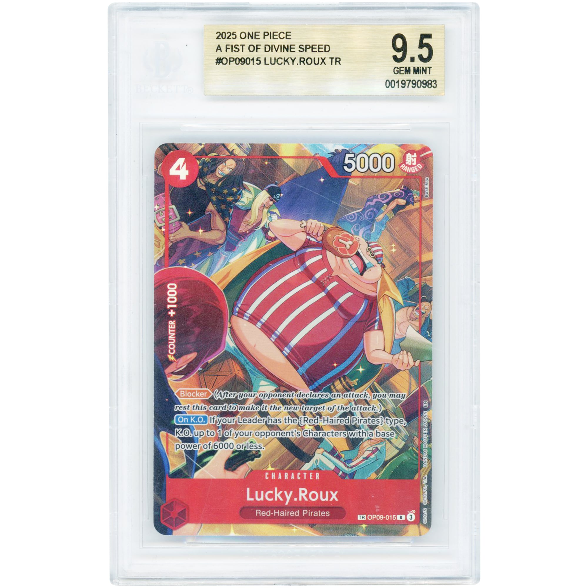 Lucky.Roux 2025 One Piece A Fist of Divine Speed Treasure Rare #OP09-015 BGS Authenticated 9.5 Card