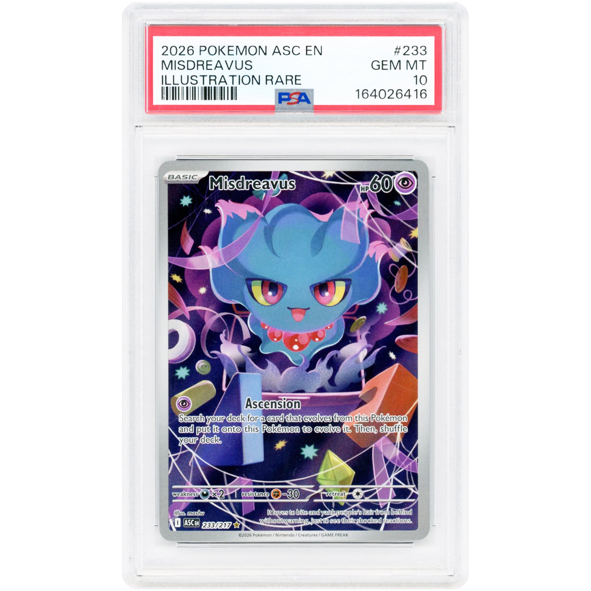 Misdreavus 2026 Pokemon Ascended Heroes Illustration Rare #233 PSA Authenticated 10 Card