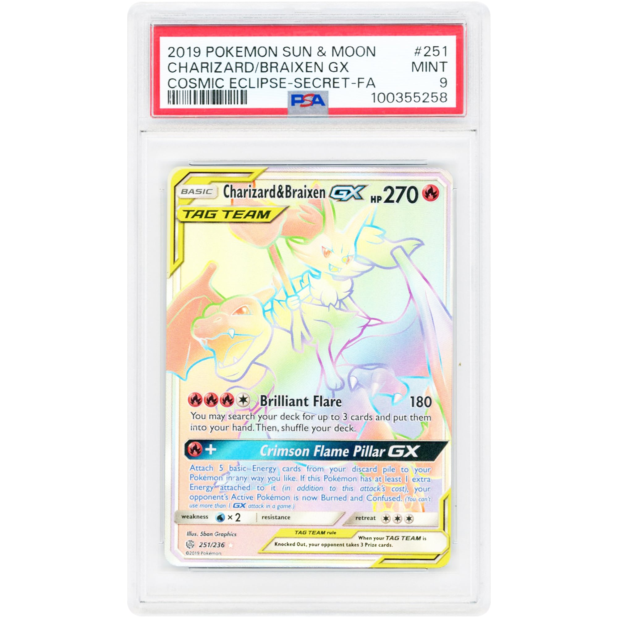 Charizard & Braixen GX 2019 Pokemon Cosmic Eclipse Secret Rare #251 PSA Authenticated 9 Card