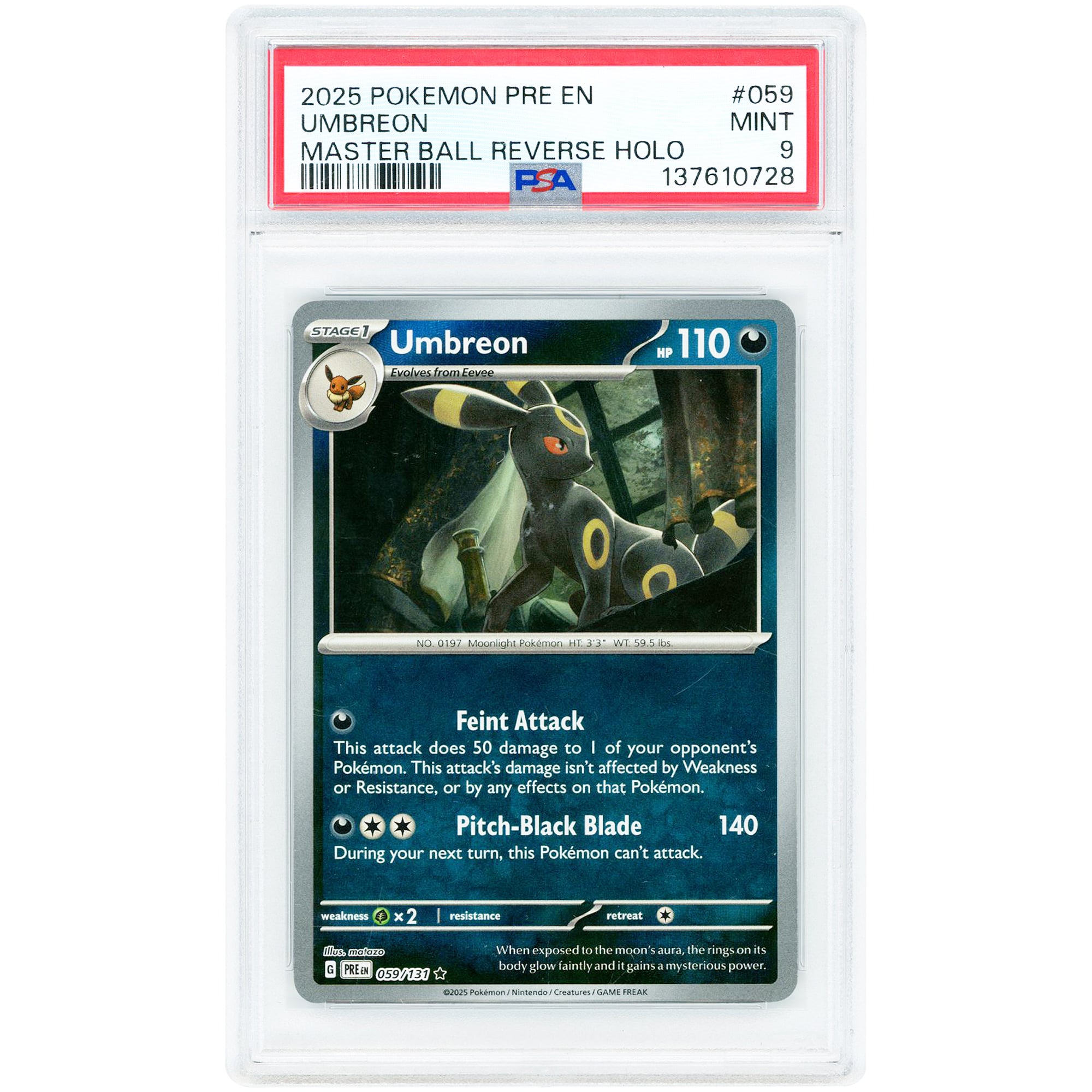 Umbreon 2025 Pokemon Prismatic Evolutions Master Ball Pattern #59 PSA Authenticated 9 Card