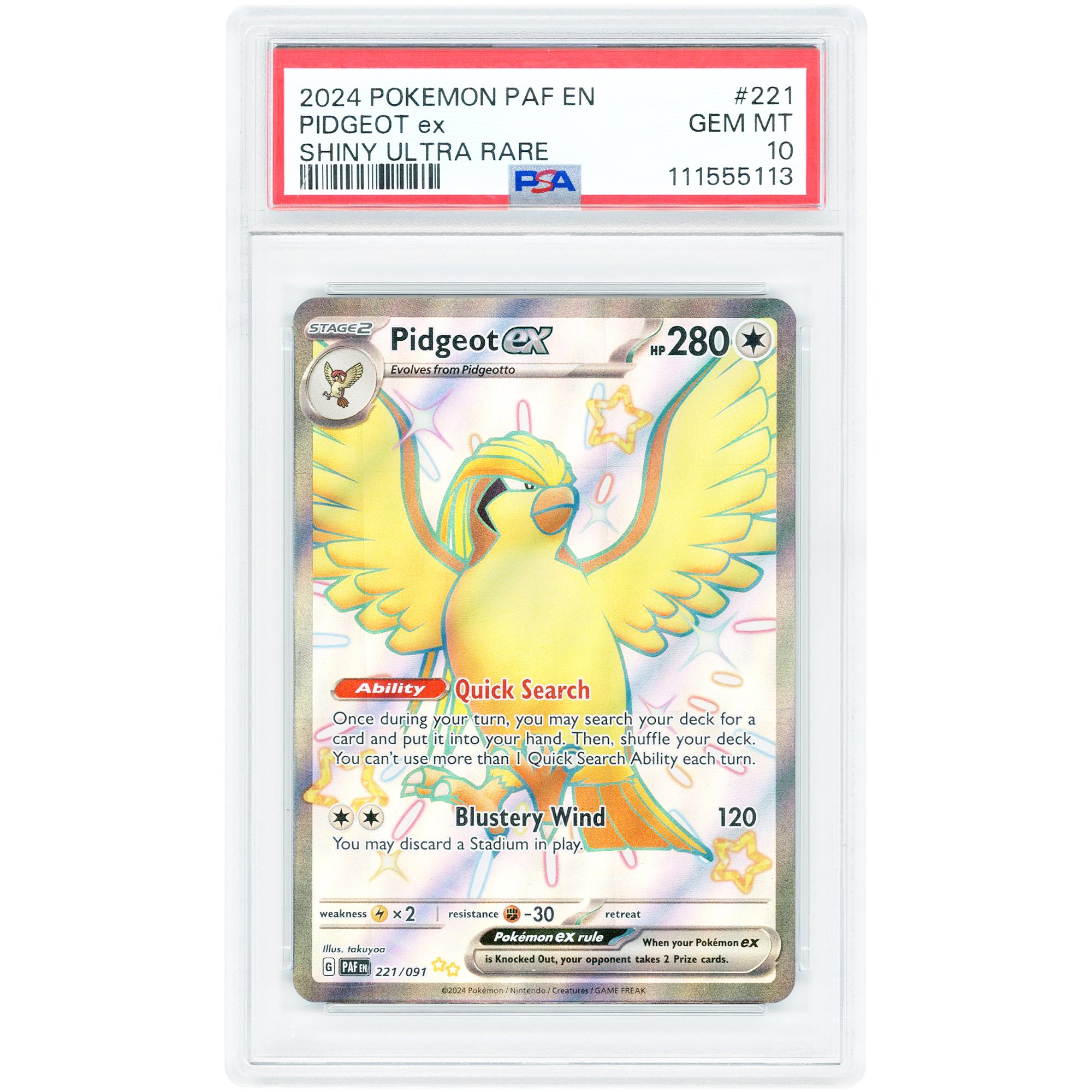 Pidgeot ex 2024 Pokemon Paldean Fates Shiny Ultra Rare #221 PSA Authenticated 10 Card