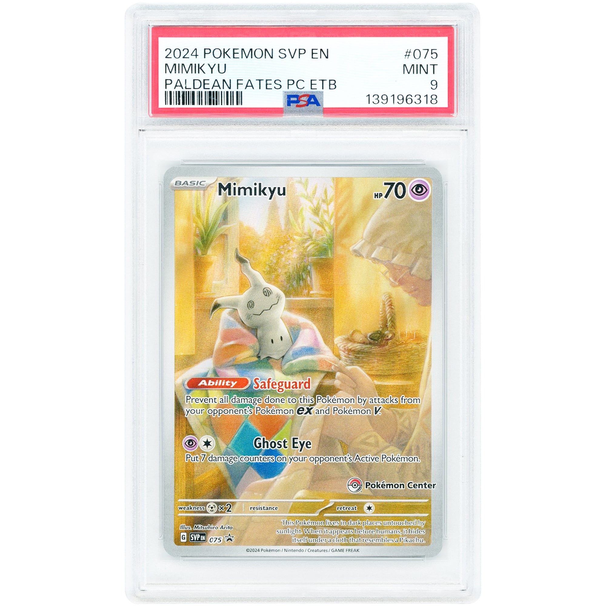 Mimikyu 2024 Pokemon Scarlet & Violet Pokemon Center Exclusive #75 PSA Authenticated 9 Card