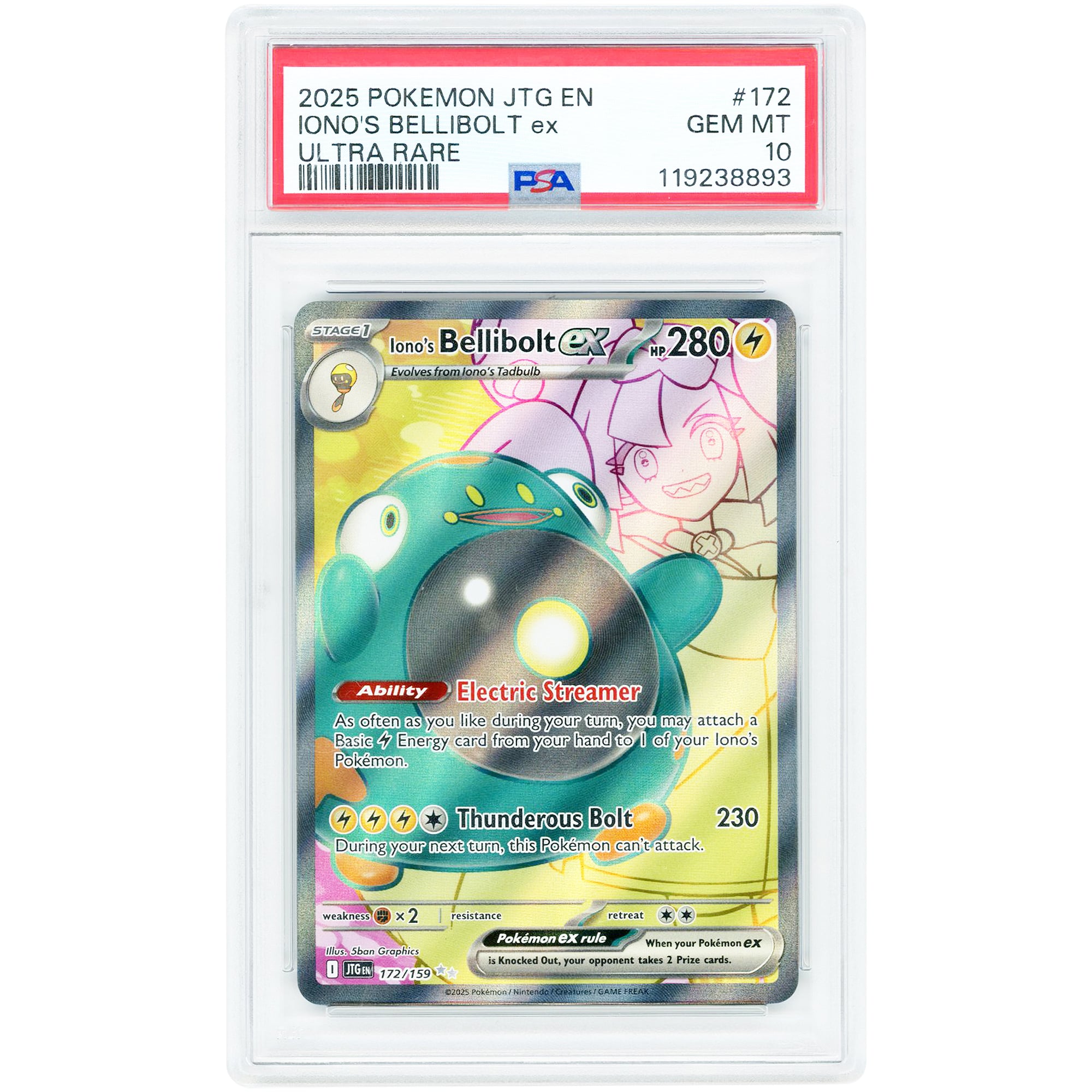 Iono's Bellibolt ex 2025 Pokemon Journey Together Ultra Rare #172 PSA Authenticated 10 Card