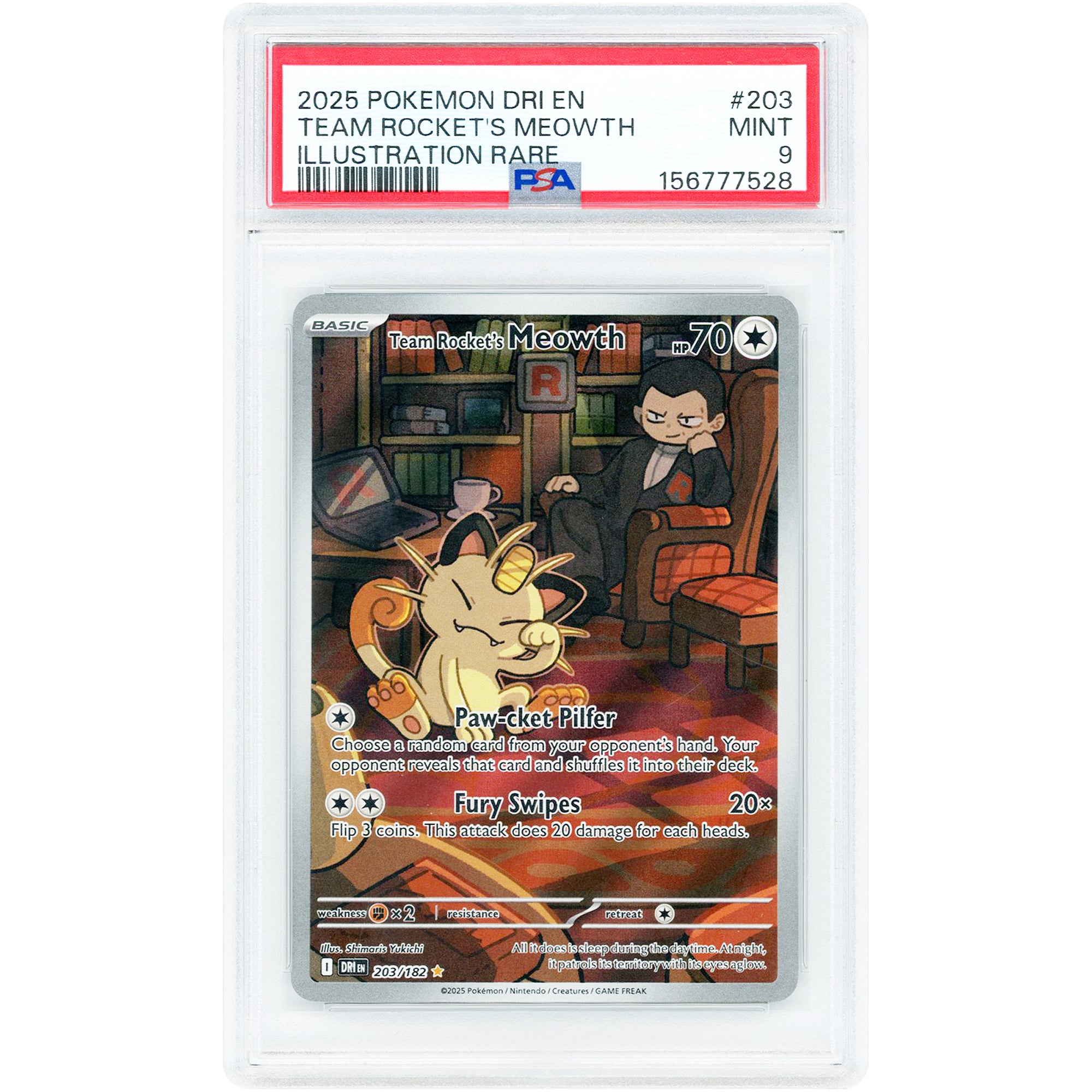 Team Rocket's Meowth 2025 Pokemon Destined Rivals Illustration Rare #203 PSA Authenticated 9 Card