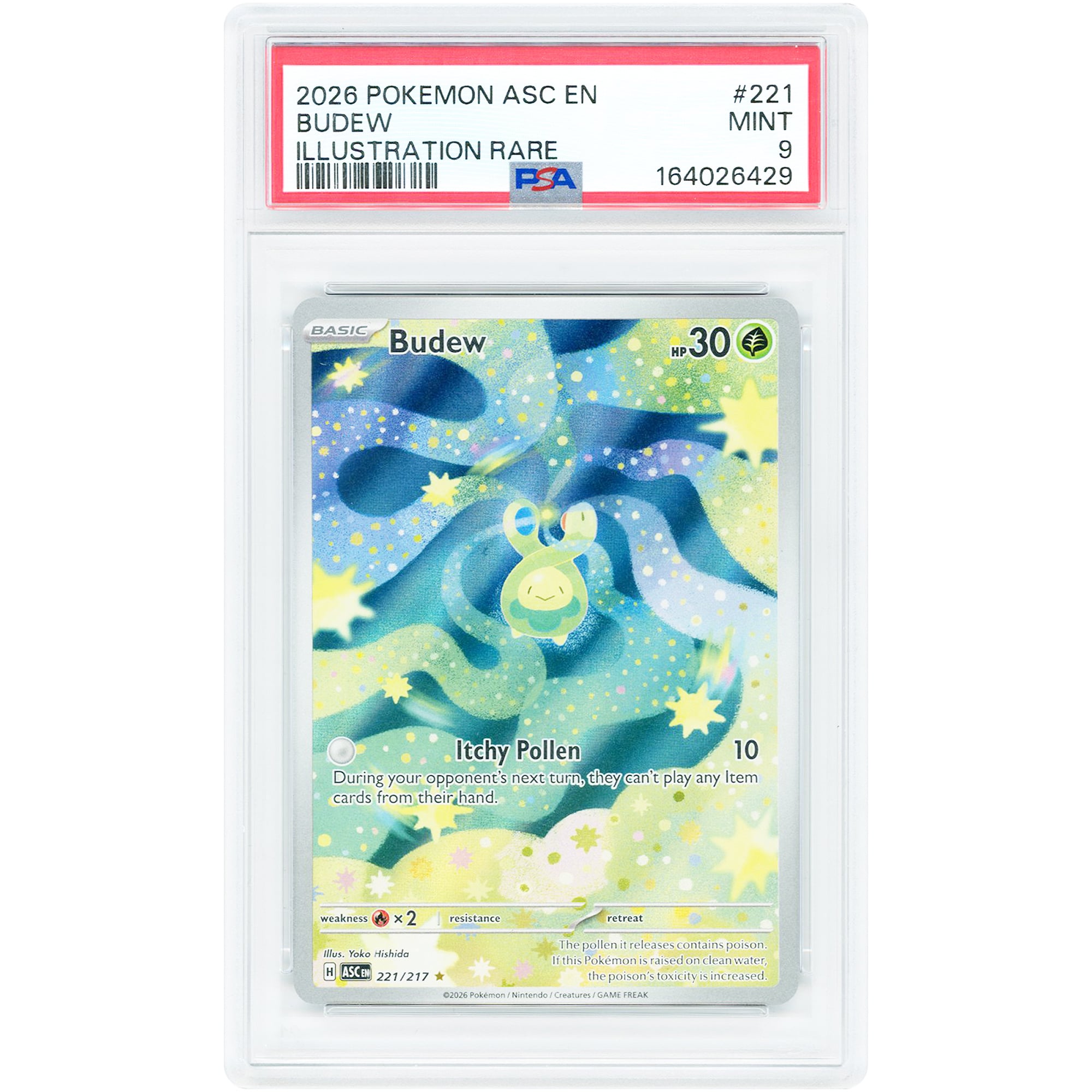 Budew 2026 Pokemon Ascended Heroes Illustration Rare #221 PSA Authenticated 9 Card