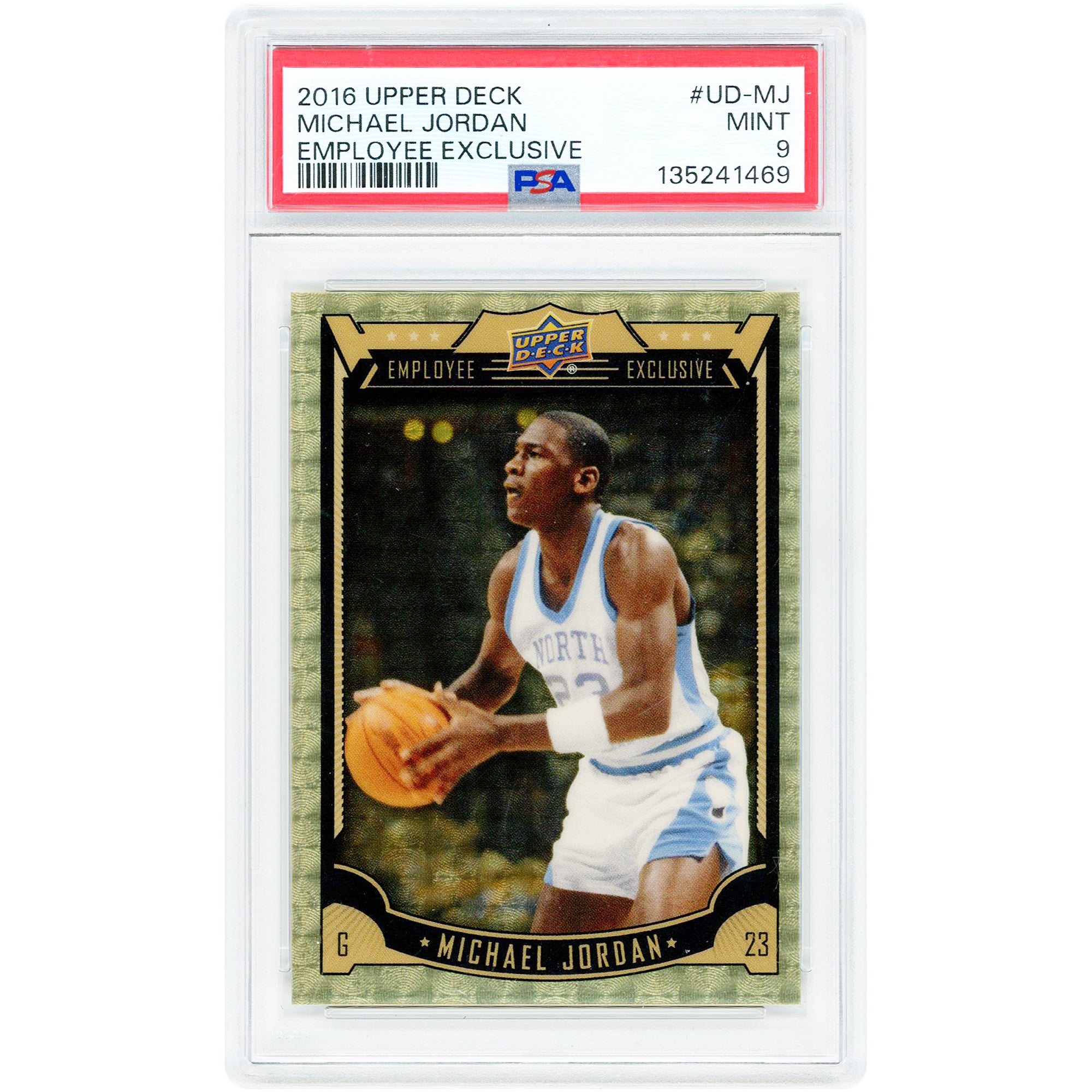 Michael Jordan North Carolina Tar Heels 2016 Upper Deck Employee Exclusive Gold Vinyl Refractor #UD-MJ PSA Authenticated 9 Card. rookie card picture