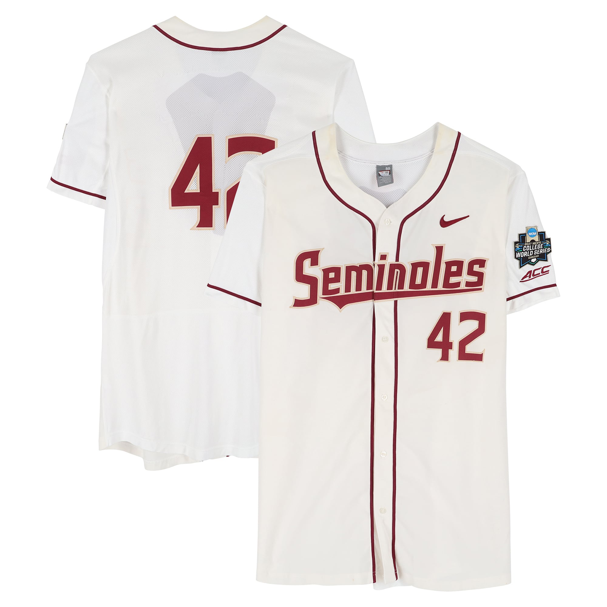 Florida State Seminoles Team-Issued #42 White Jersey from the 2017 College World Series - Size 50
