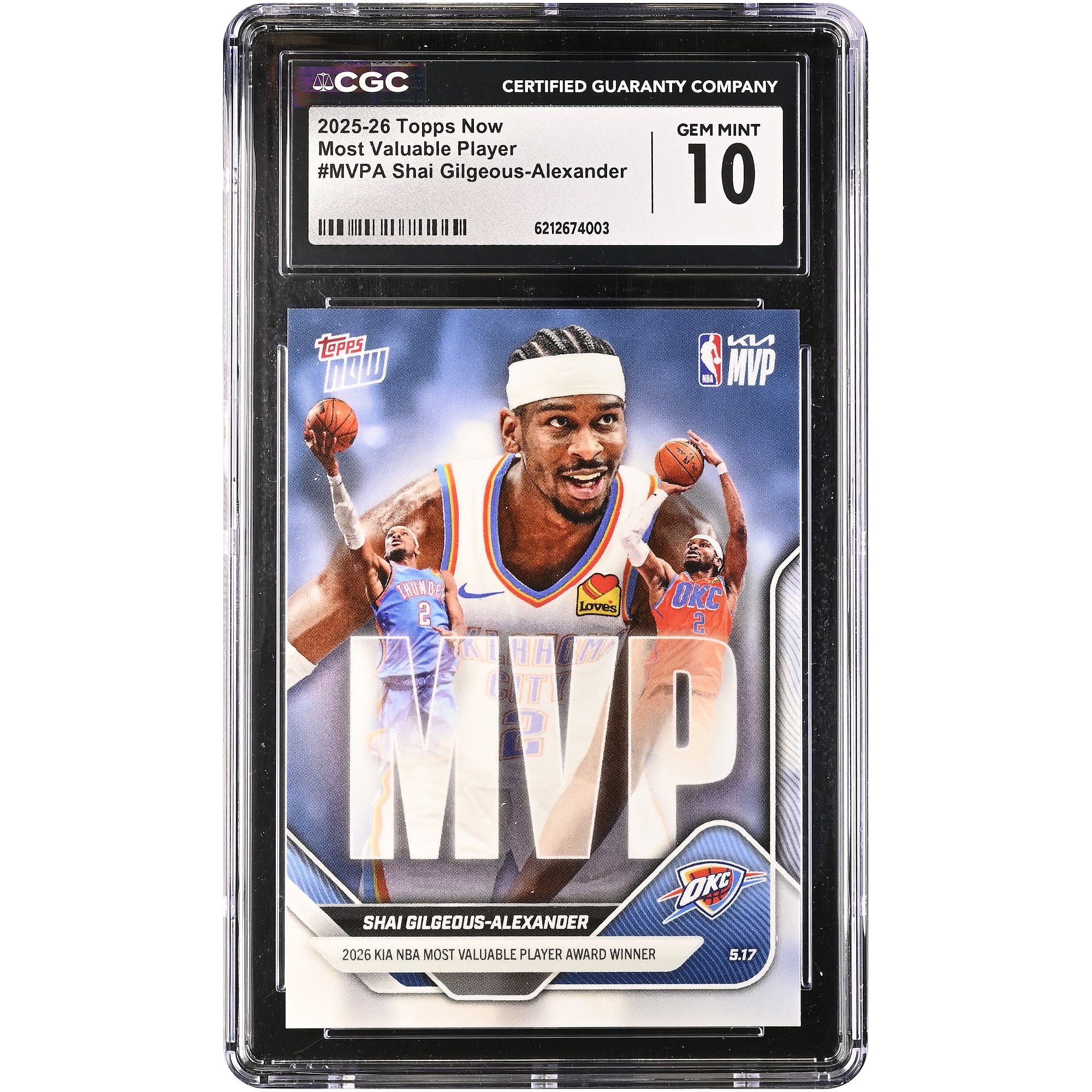 Tarjeta de Shai Gilgeous-Alexander de los Oklahoma City Thunder, temporada 2025-26, Topps Now Jugador Más Valioso #MVPA, autenticada por CGC, en perfecto estado (GEM MINT 10).