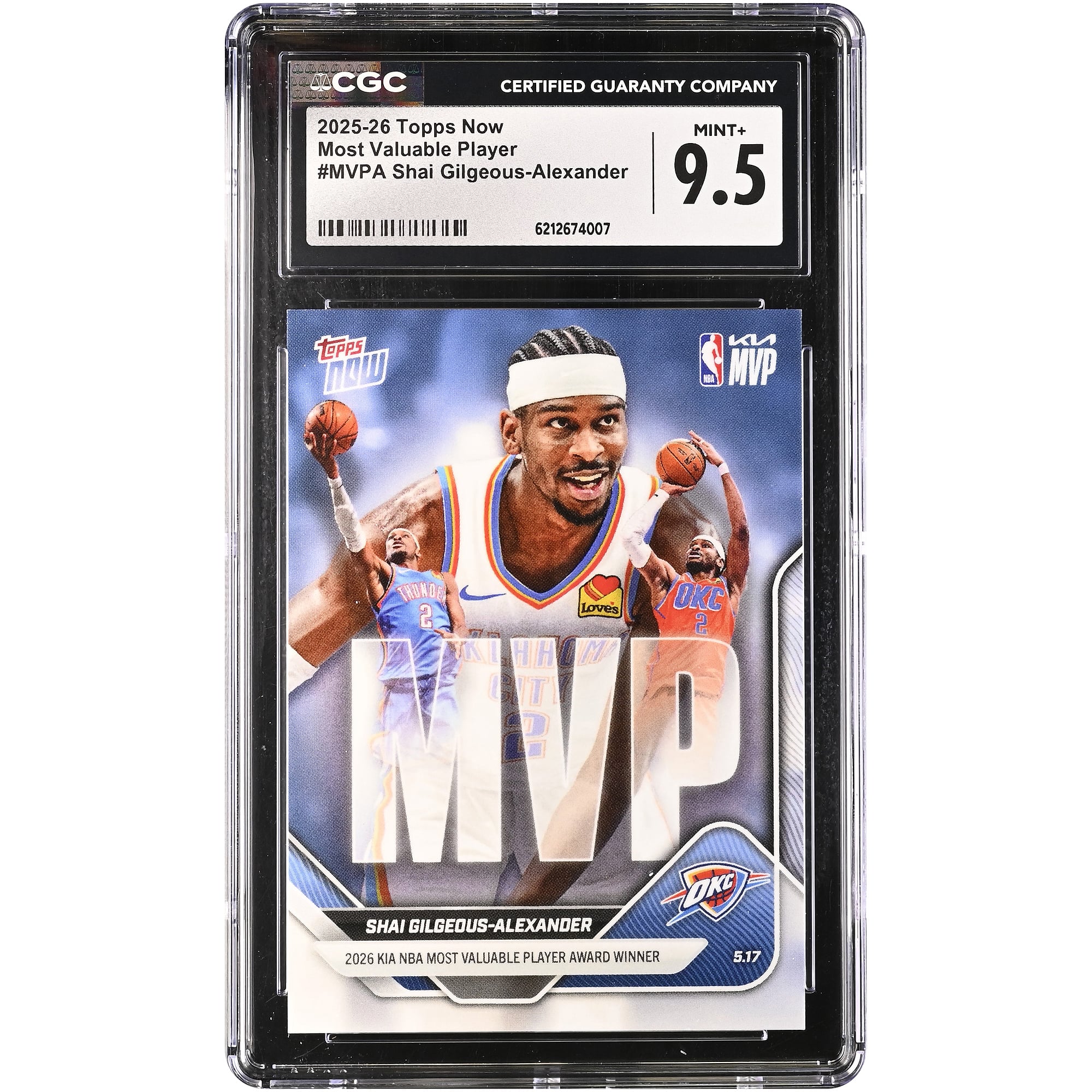 Tarjeta de Shai Gilgeous-Alexander de los Oklahoma City Thunder, temporada 2025-26, Topps Now Jugador Más Valioso #MVPA, autenticada por CGC, en perfecto estado (MINT+ 9.5).