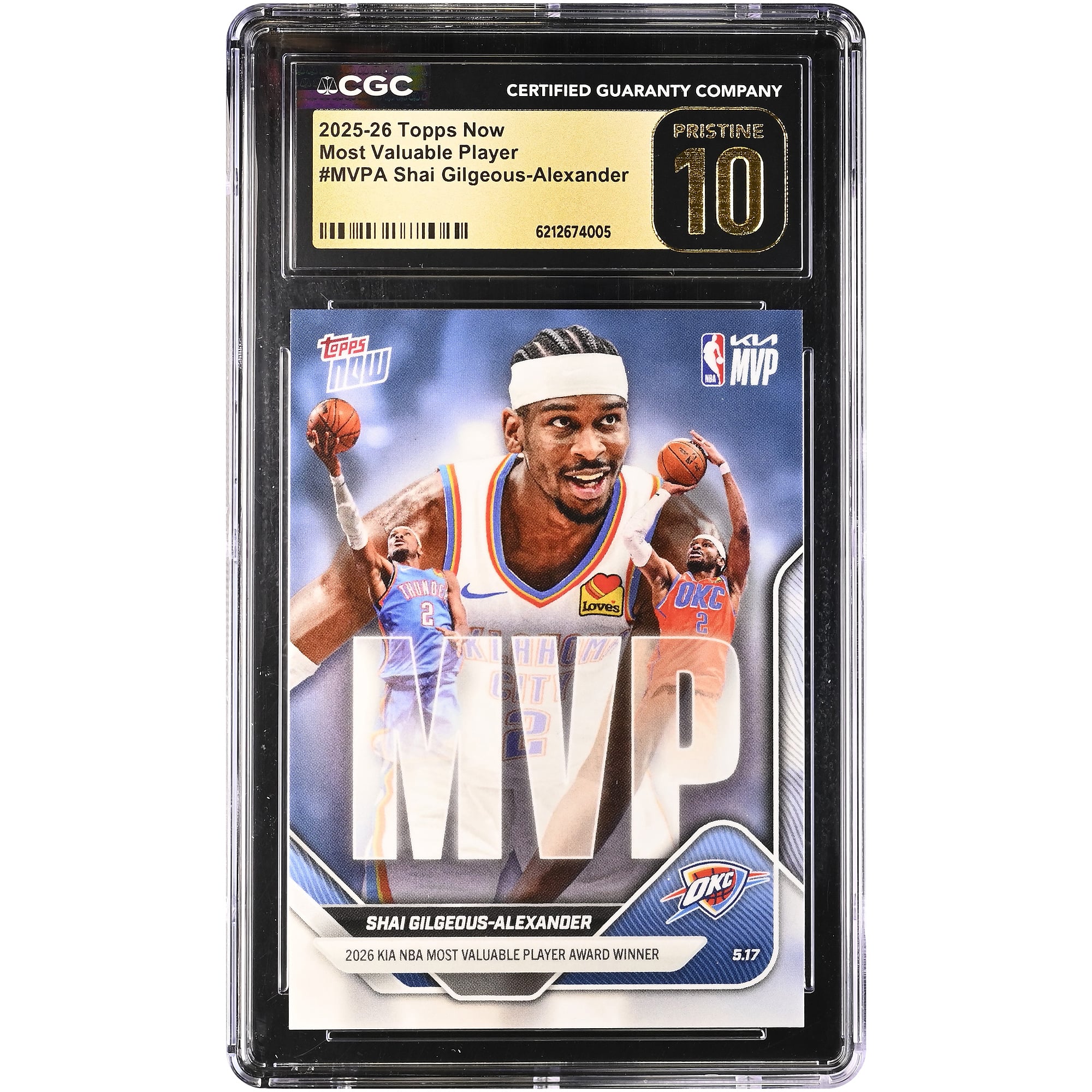 Tarjeta Topps Now de Shai Gilgeous-Alexander, Oklahoma City Thunder, temporada 2025-26, Jugador Más Valioso #MVPA, autenticada por CGC, en PERFECTO ESTADO.