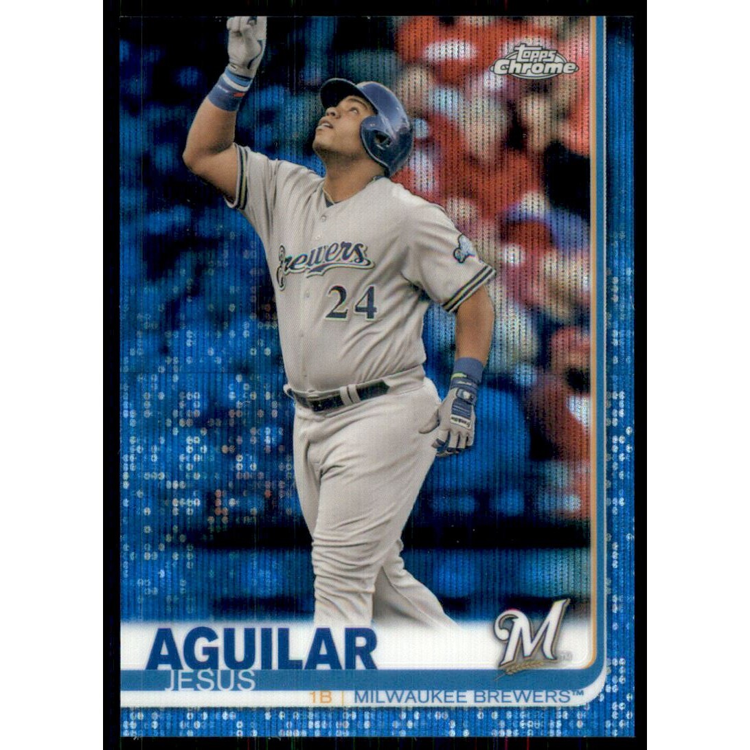 2019 Topps Chrome Blue Wave Refractors #10 Jesus Aguilar. rookie card picture