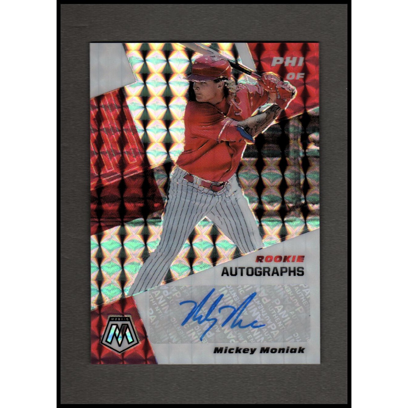 2021 Panini Mosaic Rookie Autographs Mosaic #32 Mickey Moniak. rookie card picture