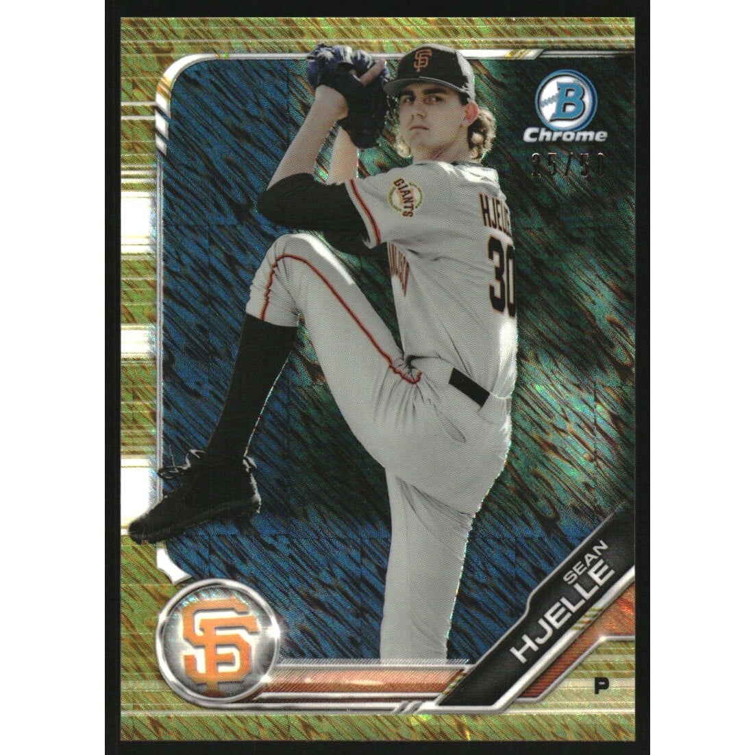 2019 Bowman Chrome Prospects Gold Shimmer Refractors #BCP183 Sean Hjelle. rookie card picture