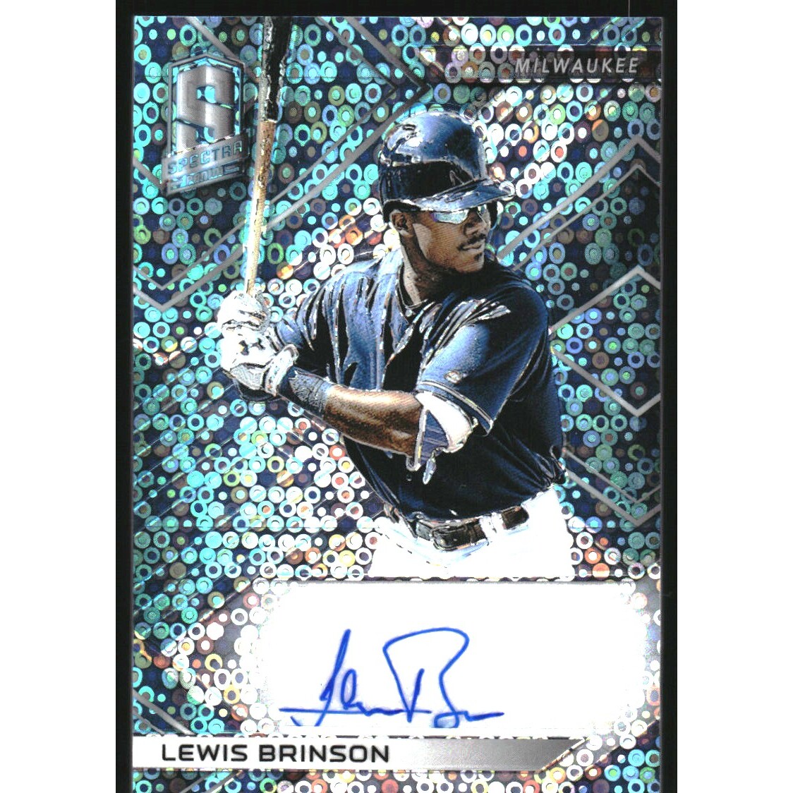 2018 Panini Spectra Signatures Neon Blue #25 Lewis Brinson/60. rookie card picture