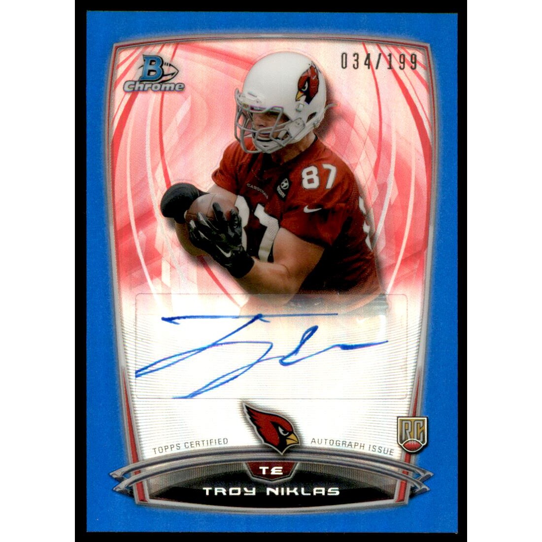 2014 Bowman Chrome Rookie Autographs Blue Refractors #RCRATN Troy Niklas. rookie card picture