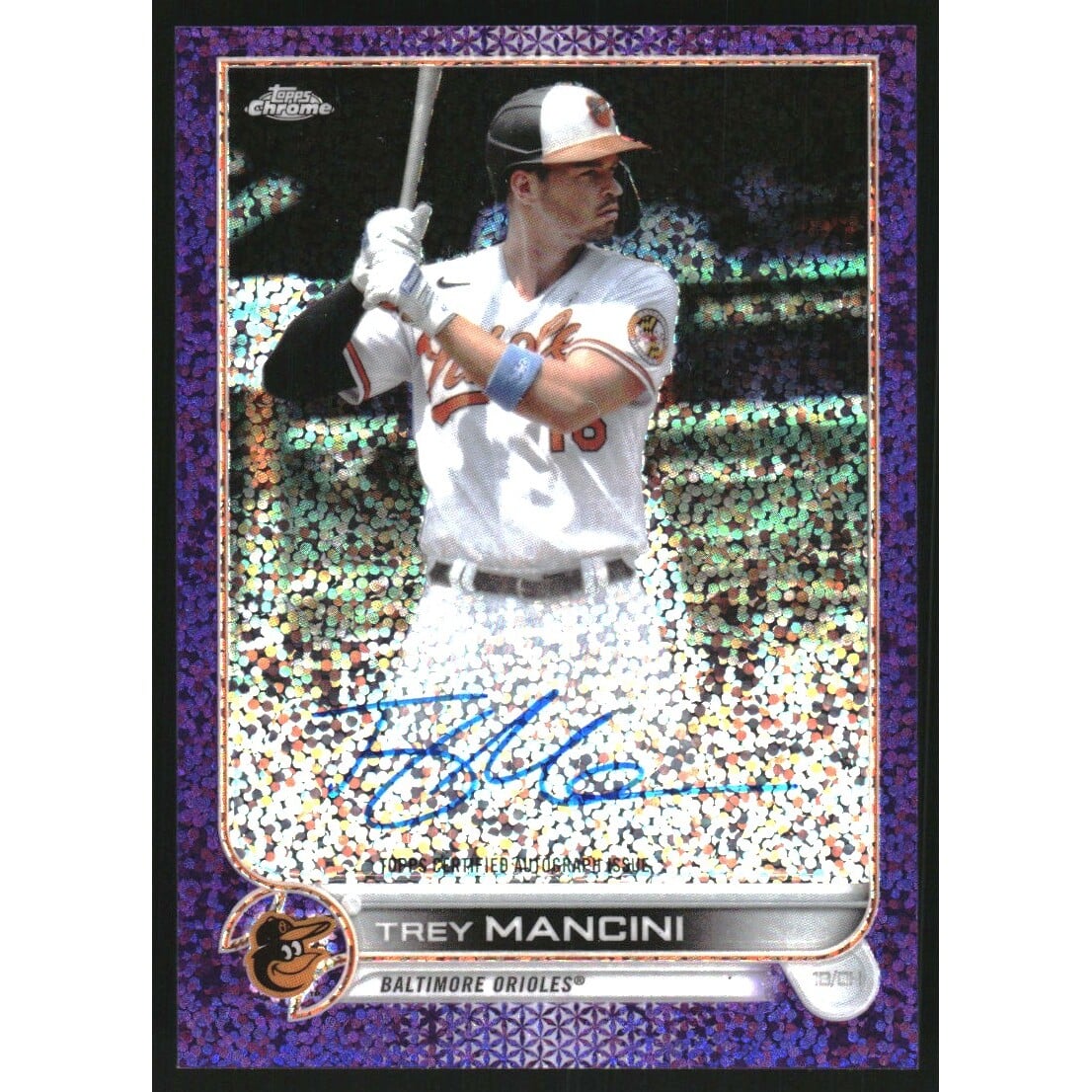 2022 Topps Chrome Veteran Autographs Purple Speckle Refractors #CVATM Trey Mancini. rookie card picture