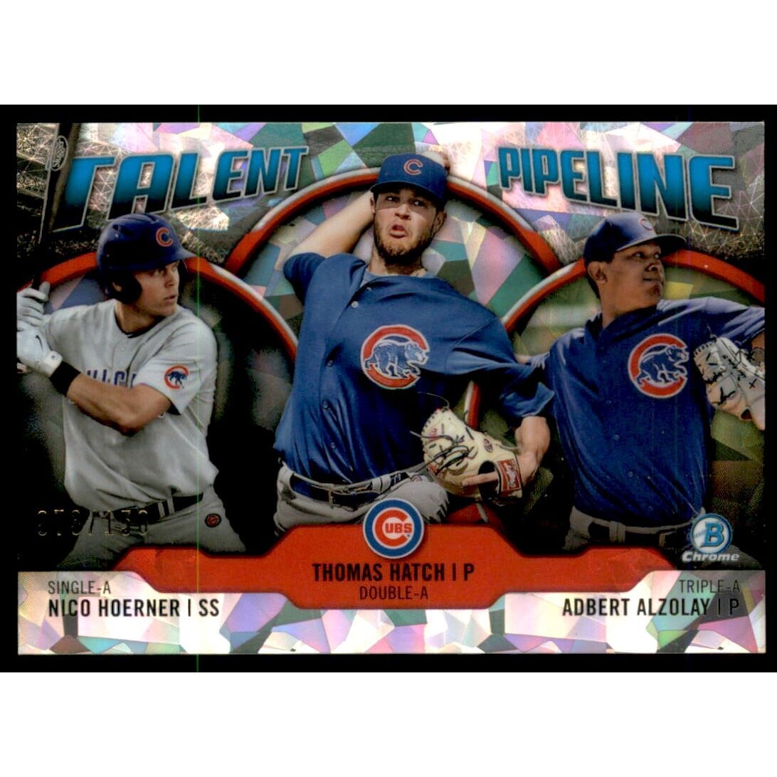 2019 Bowman Chrome Talent Pipeline Atomic Refractors #TPCHI Adbert Alzolay/Thomas Hatch/Nico Hoerner. rookie card picture