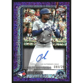 2025 Topps Chrome Update Rookie Debut Autographs Purple Speckle Refractors #CRDAOM Orelvis Martinez