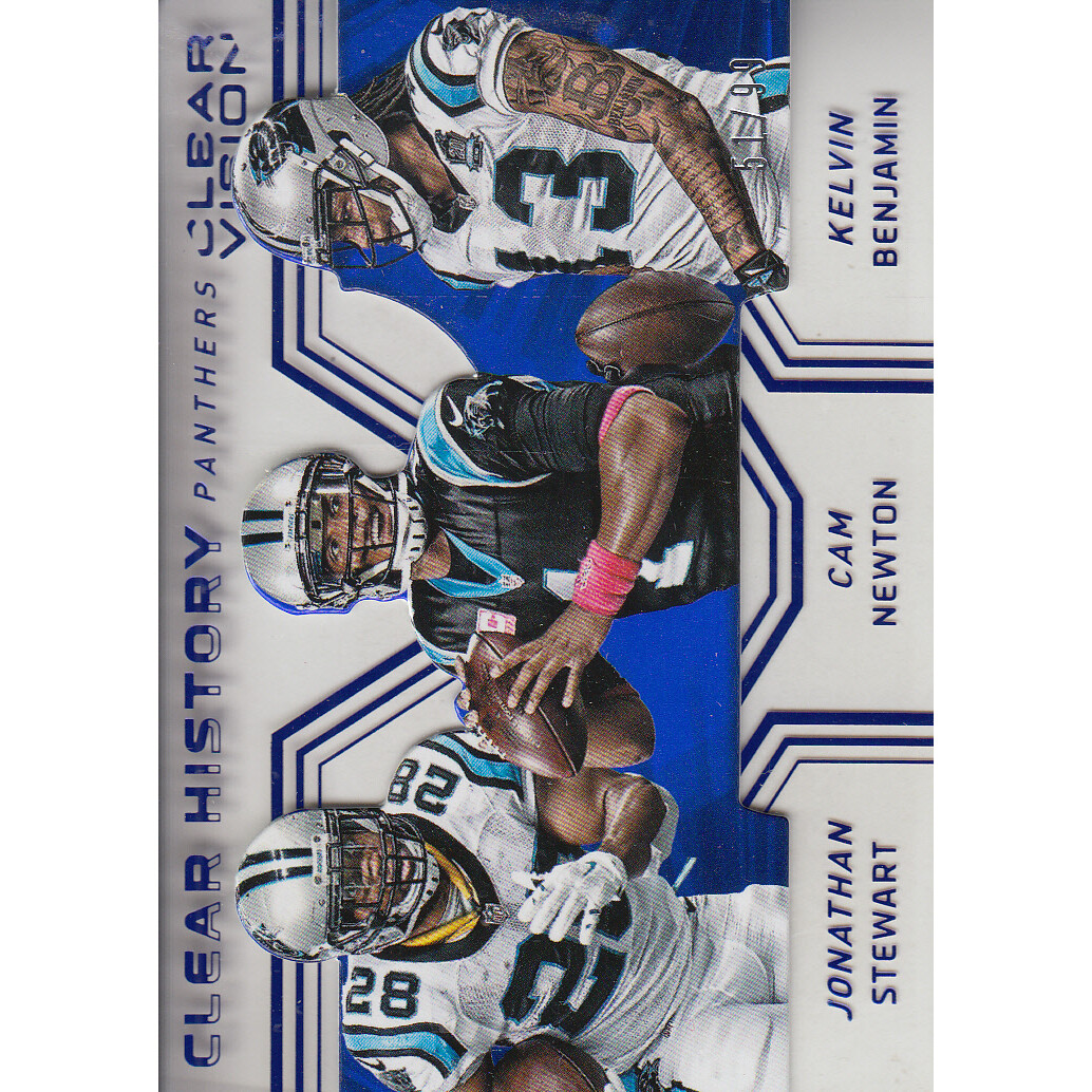 2016 Panini Clear Vision Clear History Blue #15 Cam Newton/Jonathan Stewart/Kelvin Benjamin. rookie card picture