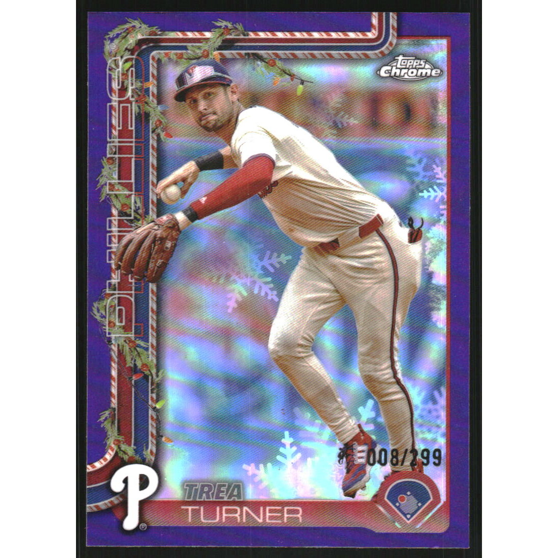 2025 Topps Holiday Chrome Purple Refractors #HC90 Trea Turner. rookie card picture