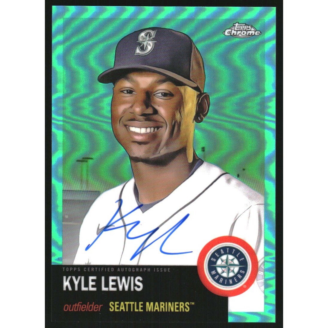 2022 Topps Chrome Platinum Anniversary Autographs Aqua Refractors #CPAKL Kyle Lewis. rookie card picture