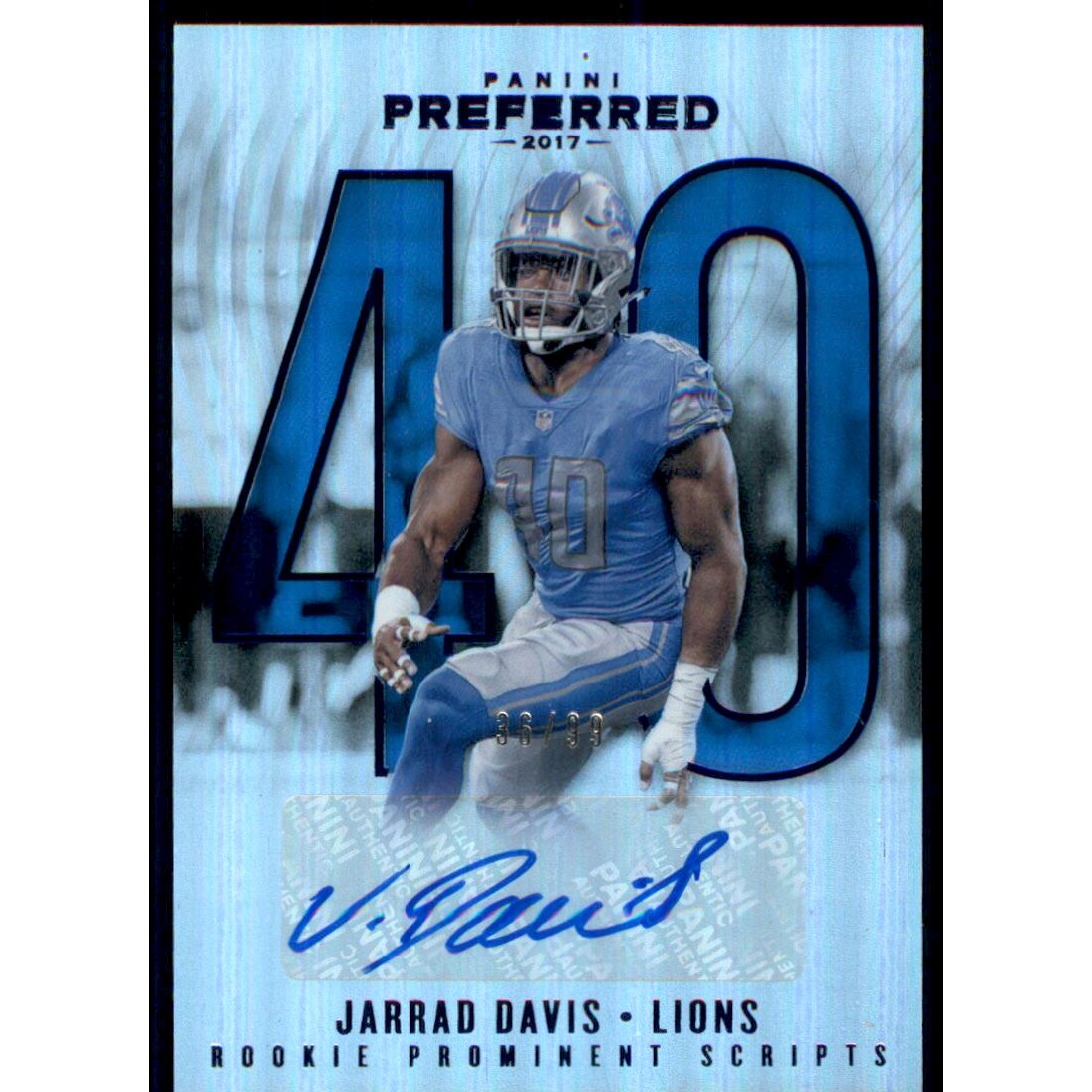 2017 Panini Preferred Blue #270 Jarrad Davis PROM AU/99. rookie card picture