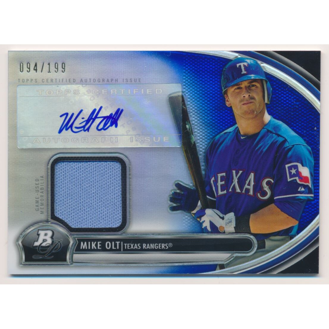 2013 Bowman Platinum Relic Autographs Blue Refractors #MO Mike Olt EXCH. rookie card picture
