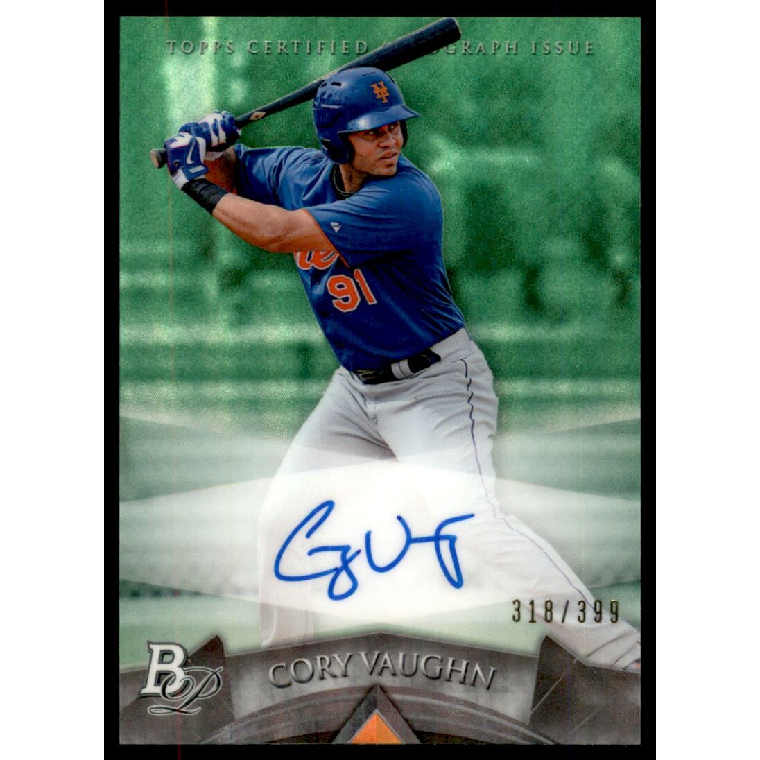 2014 Bowman Platinum Prospect Autographs Green Refractors #APCV Cory Vaughn. rookie card picture