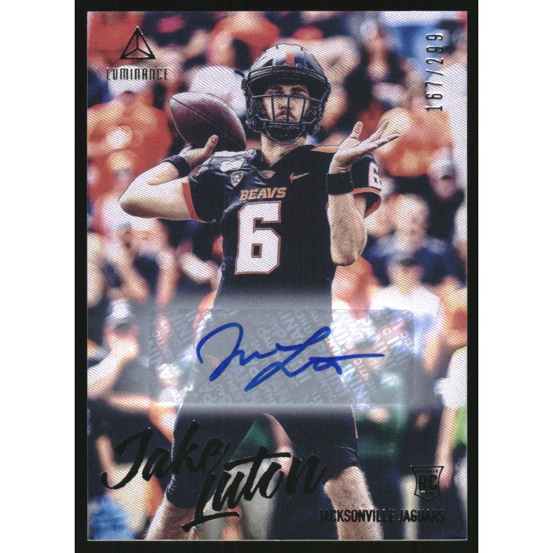 2020 Panini Luminance Rookie Luminance Autographs #185 Jake Luton/299. rookie card picture