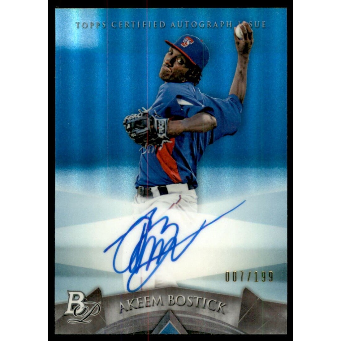 2014 Bowman Platinum Prospect Autographs Blue Refractors #APAK Akeem Bostick. rookie card picture