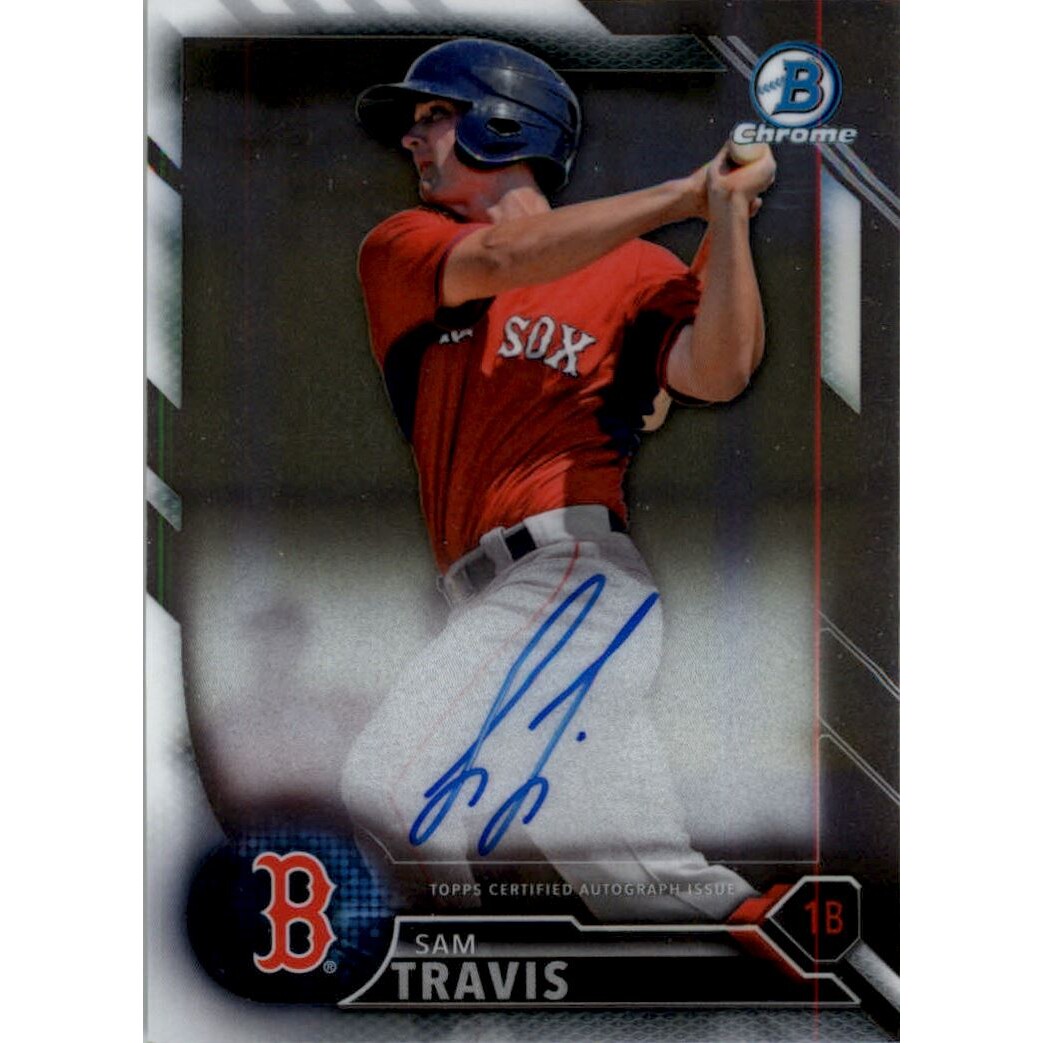 2016 Bowman Chrome Prospect Autographs #BCAPSTR Sam Travis. rookie card picture