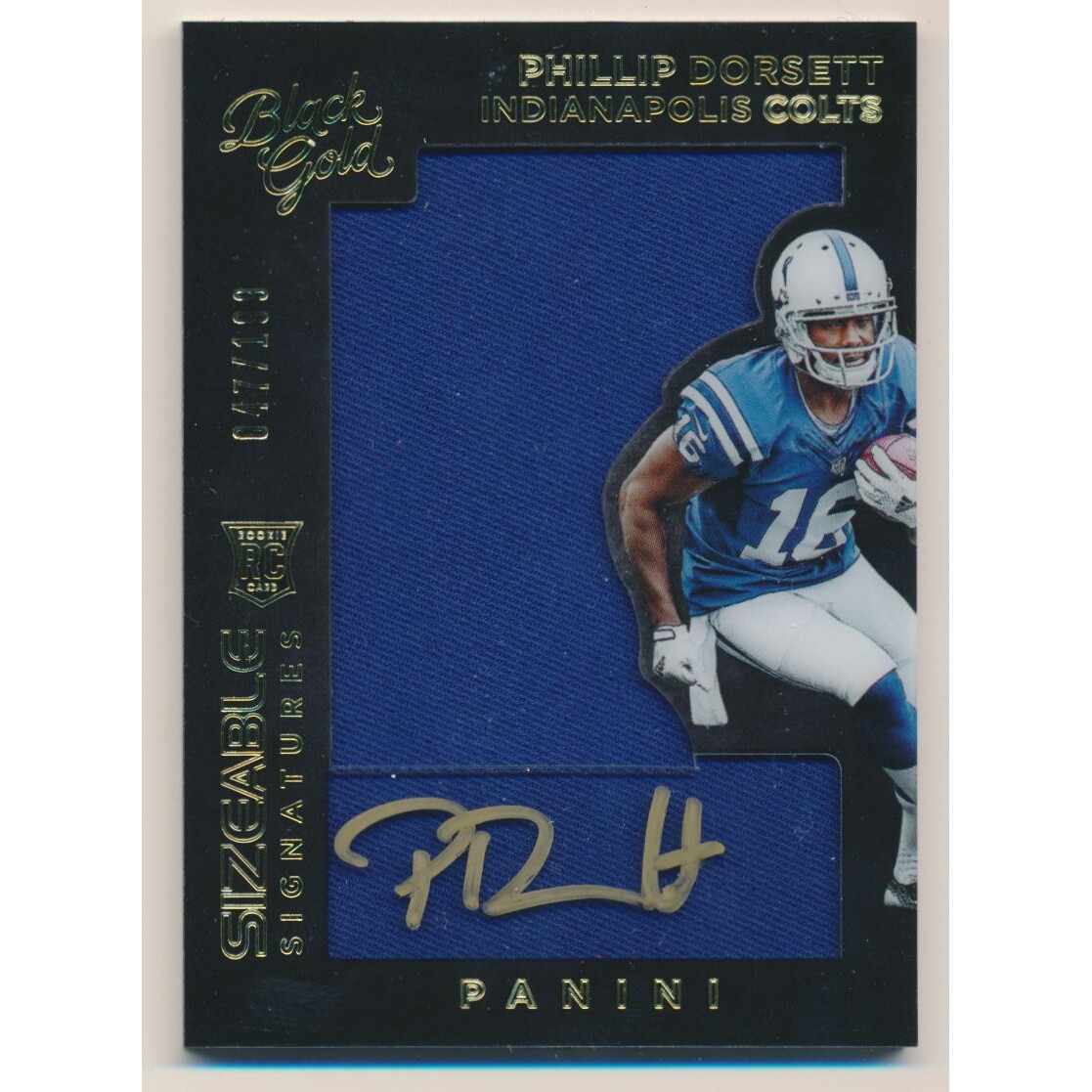 2015 Panini Black Gold Sizeable Rookie Signature Jerseys #SSRPD Phillip Dorsett/199. rookie card picture