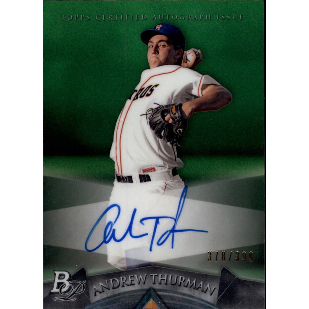 2014 Bowman Platinum Prospect Autographs Green Refractors #APAT Andrew Thurman. rookie card picture