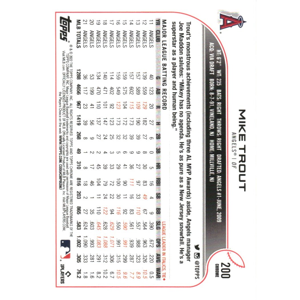 2022 Topps Chrome Sepia Refractors #200 Mike Trout