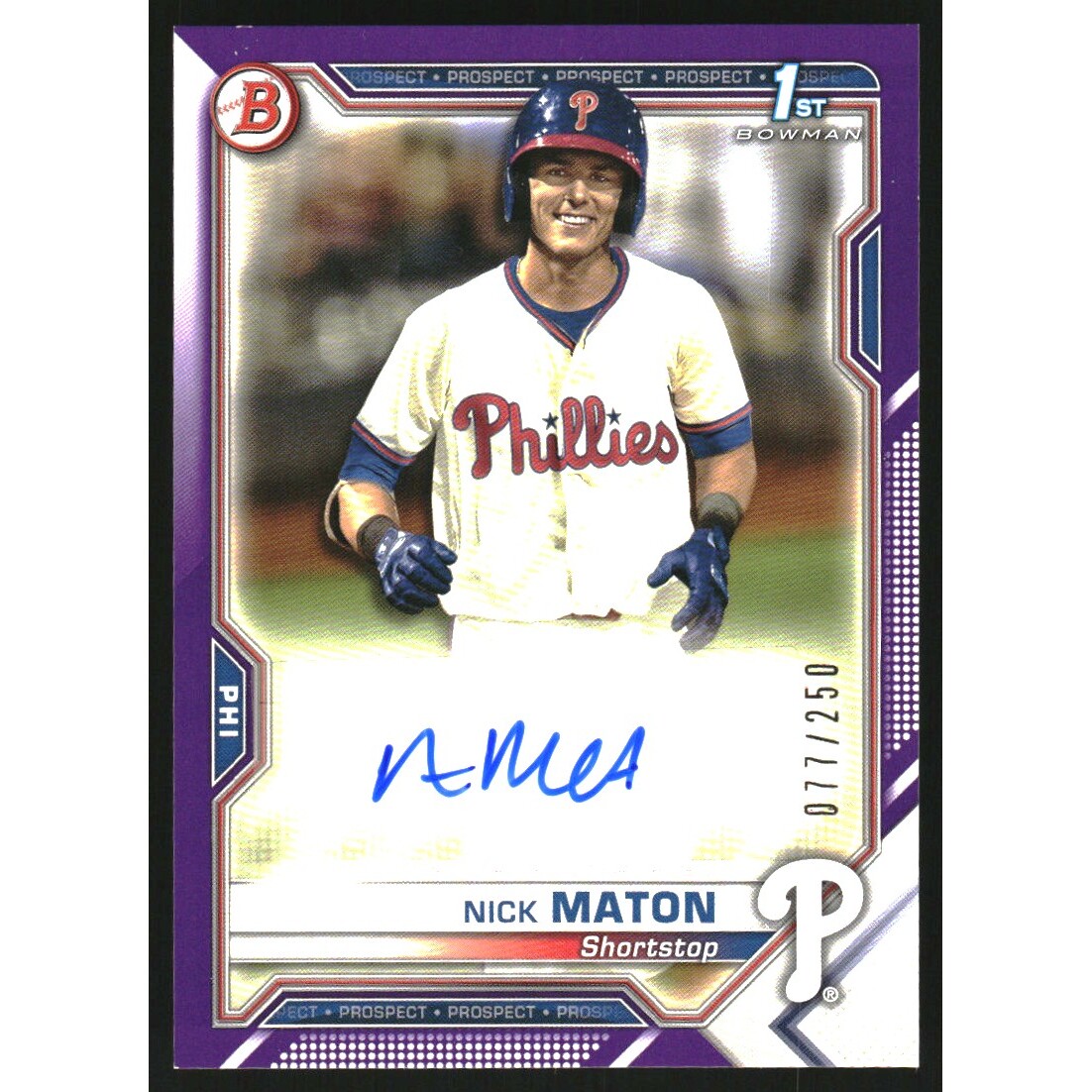 2021 Bowman Prospect Autographs Purple #PAPRNM Nick Maton. rookie card picture