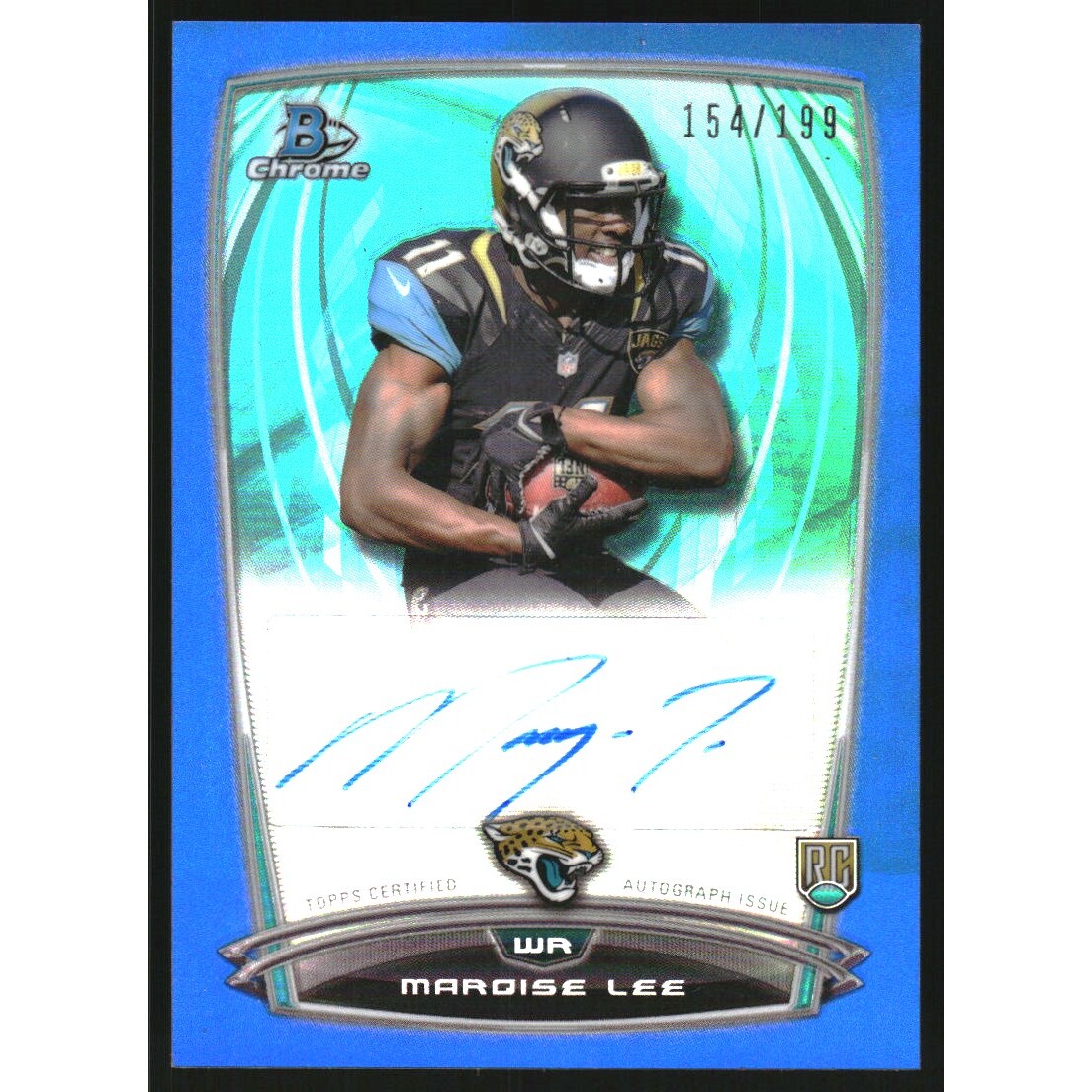 2014 Bowman Chrome Rookie Autographs Blue Refractors #RCRAML Marqise Lee. rookie card picture